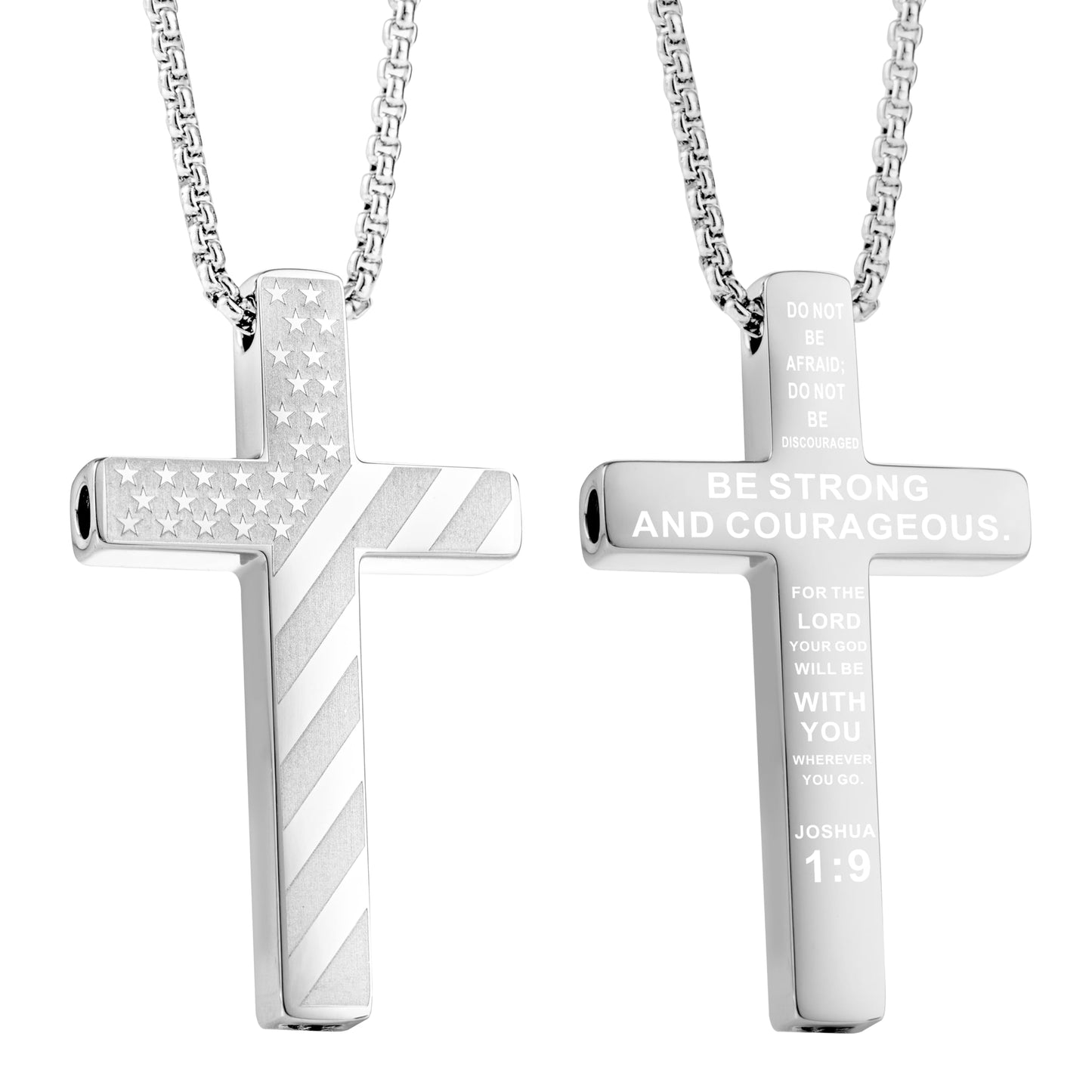 FUNPAR American Flag Cross Breathing Necklace, Stainless Steel Patriotic Jewelry, Inspirational Bible Verse Cross Necklace, Anxiety Relief Items for Men Christian Gift(Silver 1:9)