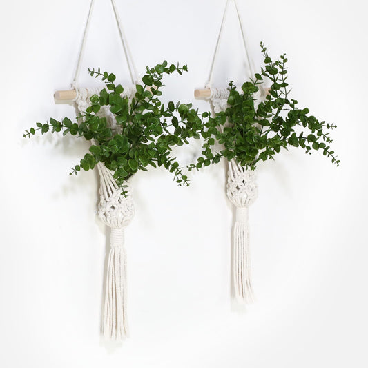 UBOSU Macrame Wall Hanging Plants with LED Lights, White Cotton Rope, Wooden Dowel, Boho Woven Plant Holders with Artificial Eucalyptus Leaves, wall Decor, Set of 2 (Green)