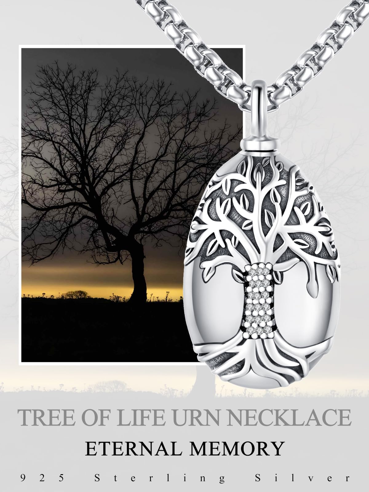 ADMETUS Urn Necklace for Ashes Sterling Silver Tree of Life Urn Pendant Jewelry Teardrop Cremation Jewelry for Ashes for Men Memorial Gifts