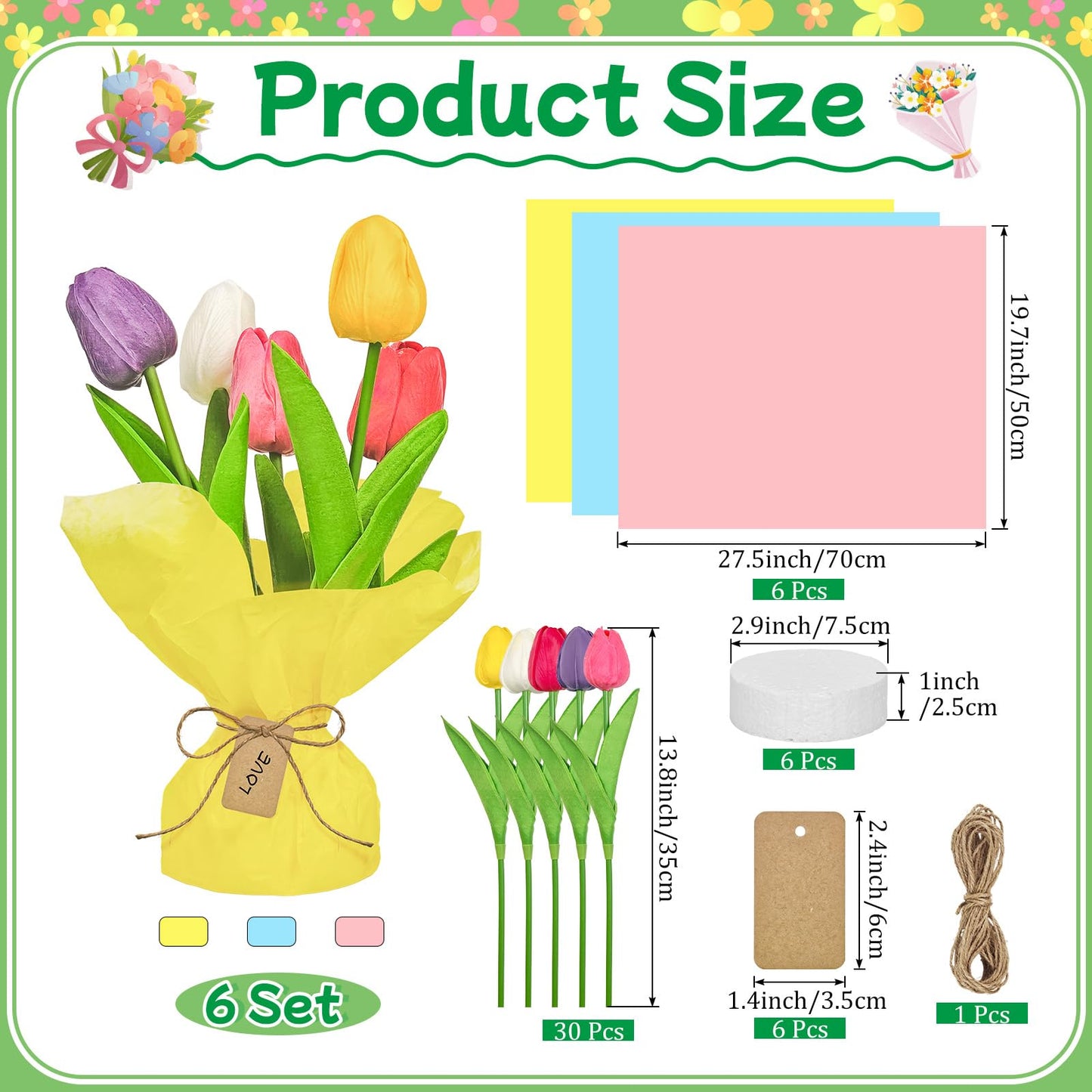 Cinrobiye 6 Set End of School Year Tulip DIY Bouquet Kit Last Day of School Teacher Appreciation Gift Artificial Flower Craft Set with Wrapping Paper Cards Spring Table Centerpieces Decor
