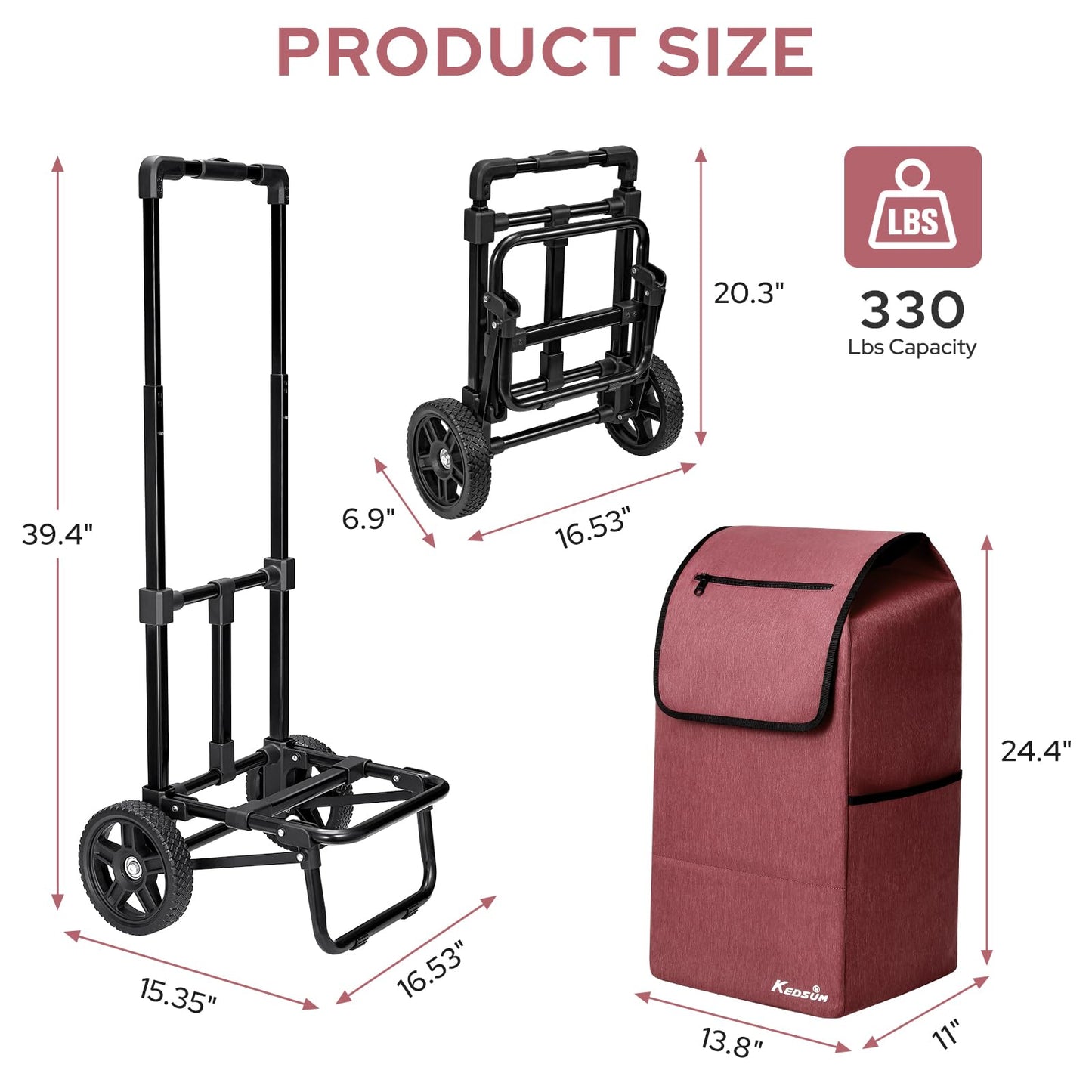 KEDSUM 2 in 1 Shopping Carts for Groceries, 330 lbs Grocery Cart on Wheels, Foldable Utility Carts with Wheels, Load-Bearing Hand Truck with Waterproof Bag for Shopping, Camping, Laundry, Garden, Red