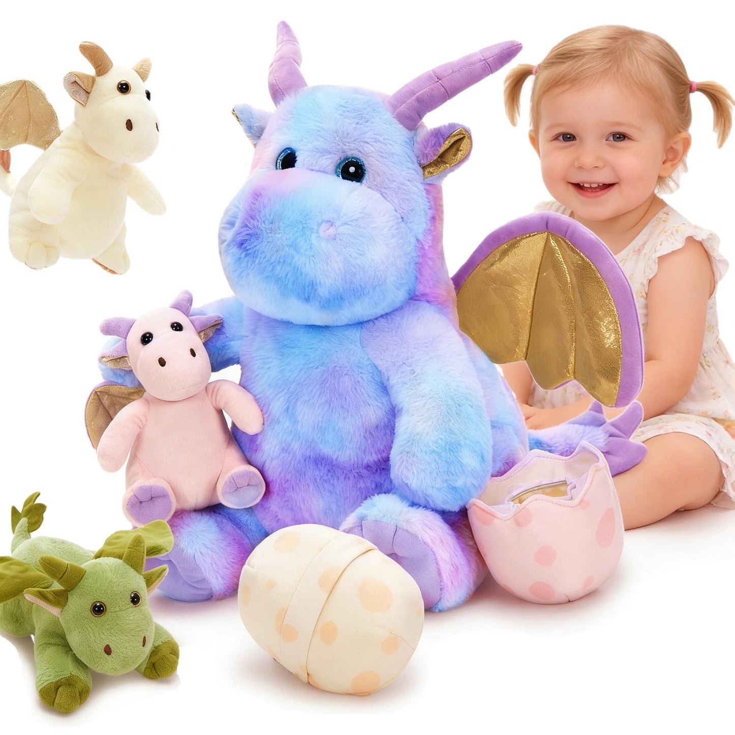 Tezituor Purple Stuffed Dinosaur for Girls,Cute Dragon Stuffed Animal,6 Pcs Mommy Dino Plush Toy with 3 Baby Dinosaurs,Large Pterosaur Stuffy,Triceratops, Stegosaurus Plushies Birthday