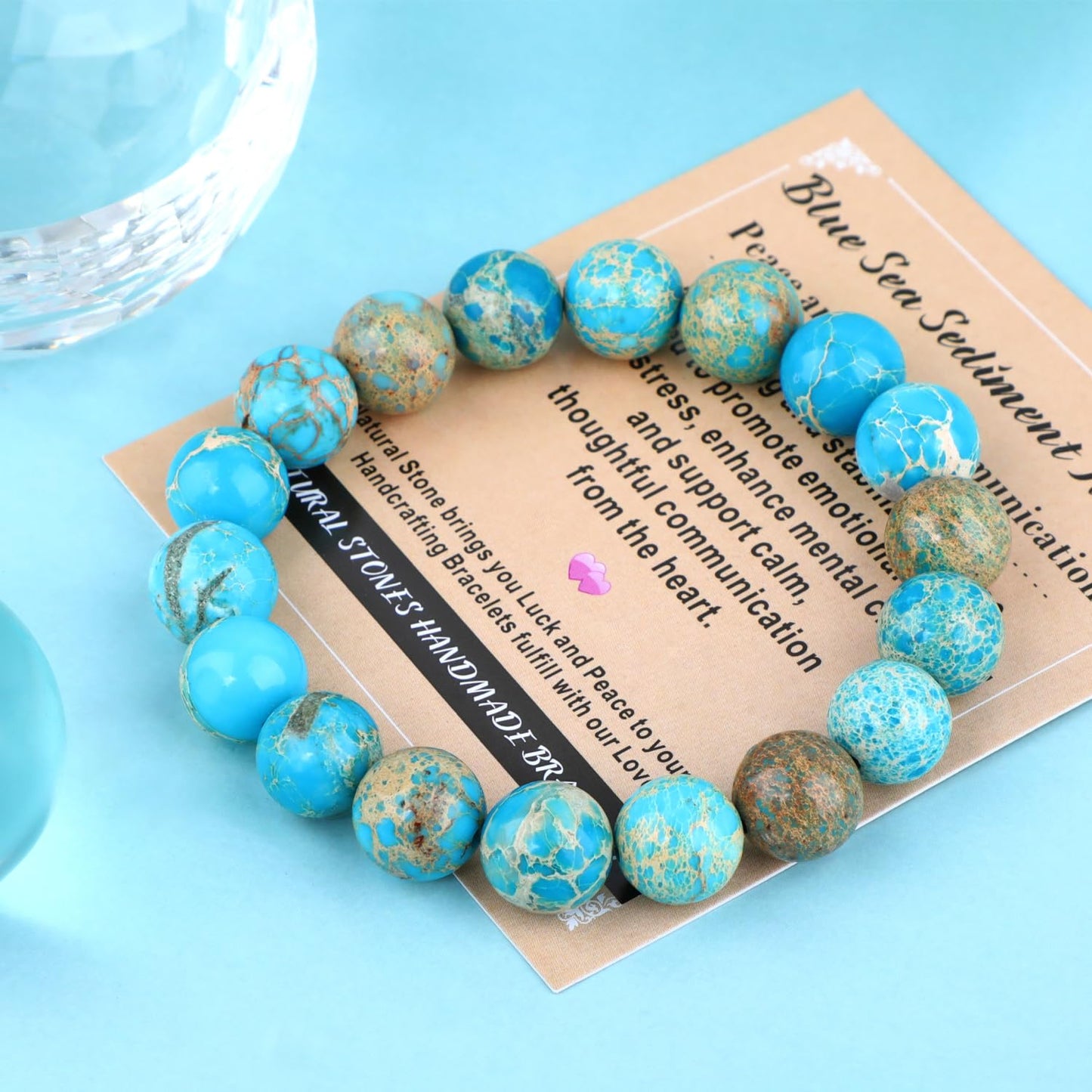 AD Beads 6mm Handmade Blue Sea Sediment Imperial Jasper Elastic Bracelet – Natural Gemstone for Joy & Positivity – Meditation, Yoga, Healing and Energy Gift for Men Women