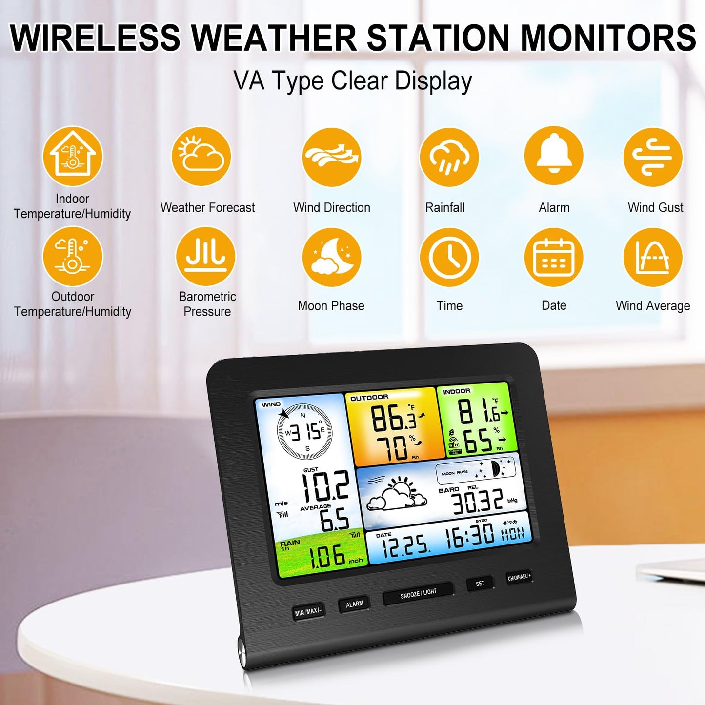 Urageuxy Weather Station Wireless Indoor Outdoor, Home Weather Stations with Rain Gauge, Wind Speed/Direction, Temperature, Humidity, Weather Forecast, Alarms, WiFi