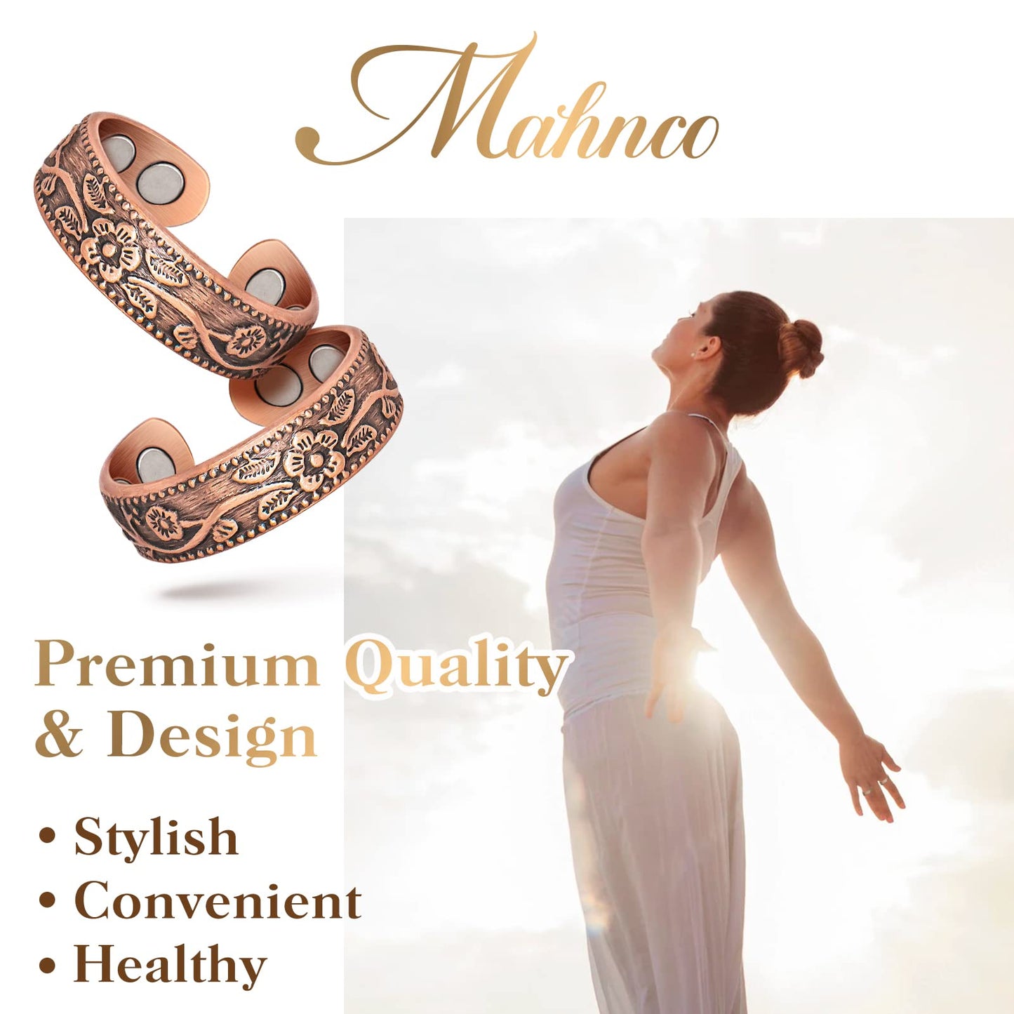 Mahnco Magnetic Copper Rings for Women Magnetic Rings 3500 Gauss Magnetic Lymph Detox Magnetic Ring-100% Solid Pure Copper Jewelry Gift (2PCS)