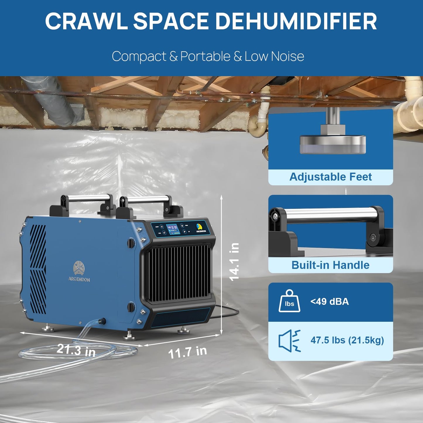 ARGENDON 145 Pint Crawl Spaces Dehumidifier with Pump, Energy Star Certified Commercial Dehumidifier with Drain Hose for Basement, Auto Defrost, Compact, Large Spaces up to 1800 Sq.Ft