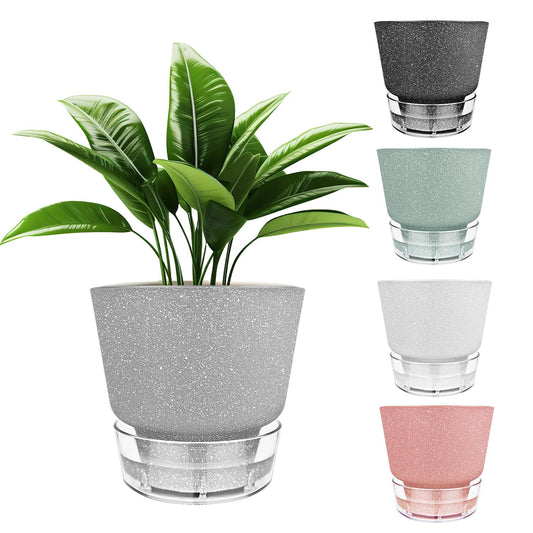 HYNZ 6-Inch Self-Watering Plant Pot with Visual Reservoir and Drainage Hole, Set of 5, Plastic Flower Pots, Planting Pot for Indoor Outdoor Plants (Frosted Mixed Color)