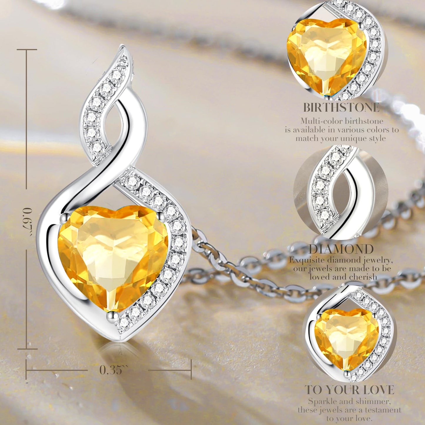 FANCIME Citrine Necklace 14K Solid White Gold Heart Pendant with Diamond November Birthstone Necklace Jewelry Gifts for Mom Women