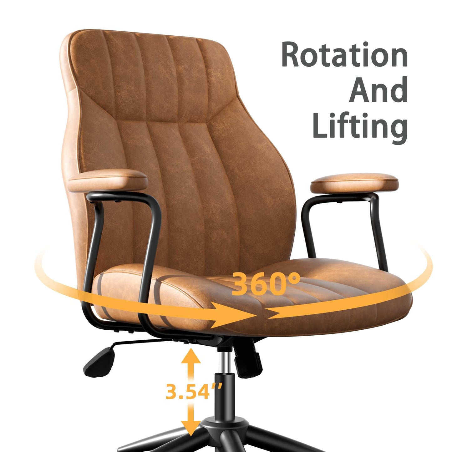 Bananister Brown Leather Office Desk Chair with Wheels and Arms, Height Adjustable, Vintage, Mid Century Modern Style