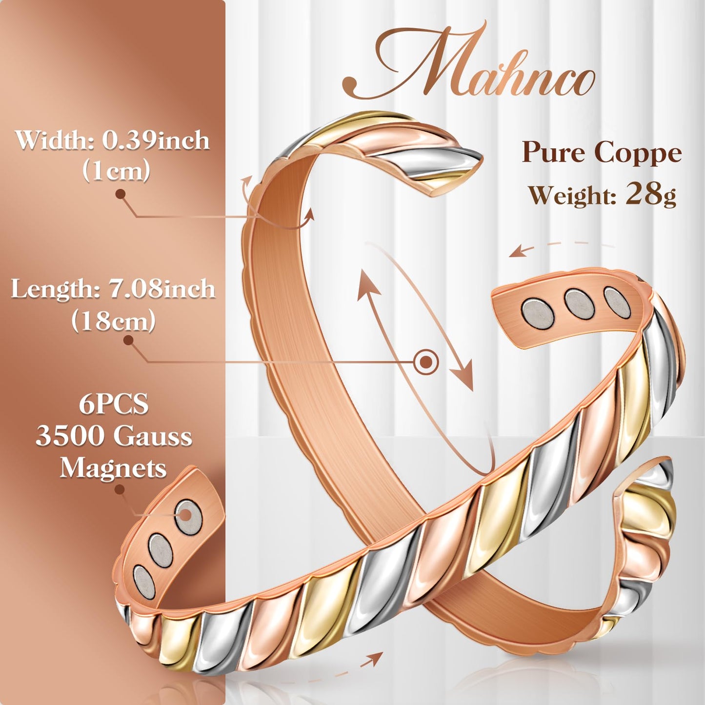 Copper Bracelets for Women Men Lymph Detox Magnetic Bracelet Magnetic Copper Bracelet, Tri-color Bracelet Jewelry Gift for Christmas Valentine's Day Mother's Day