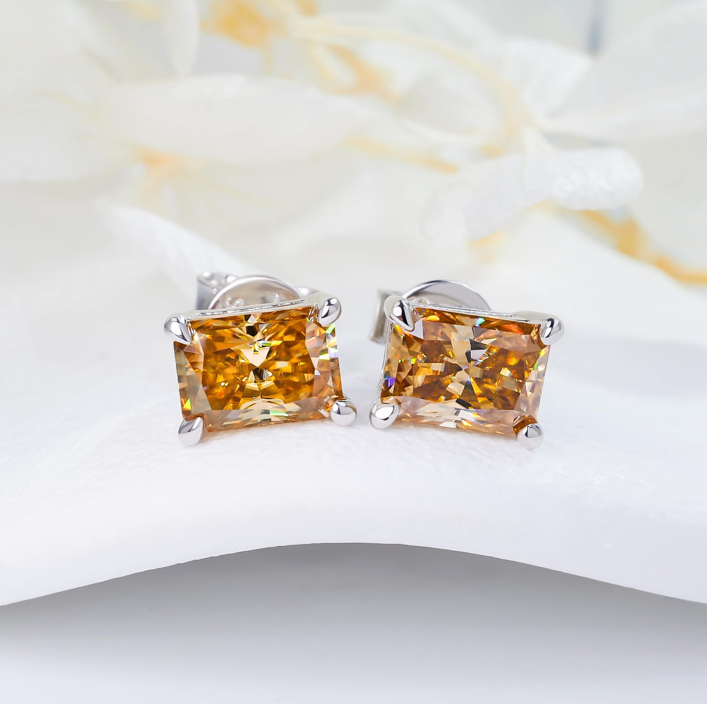 GIGAJEWE Blue Green Color Moissanite Stud Earrings Radiant Cut Moissanite Earrings 2.0ct/pair,18K Gold Plated 925 Steling Silver, Stud Earrings For Women (Brown)