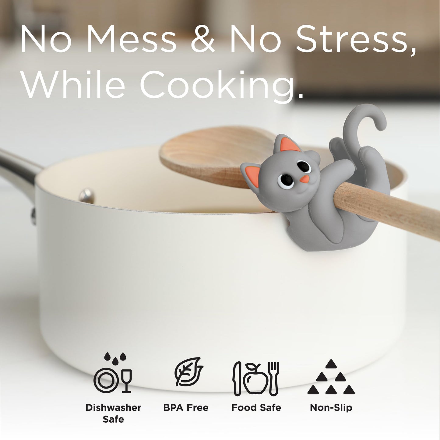 Gray Cat Spoon Rest for Stove Top – Silicone Pot Clip Utensil Holder & Lid Lifter – Funny Kitchen Gadget, Unique Grey Tabby Cat Gifts for Women – 3" x 2.5"