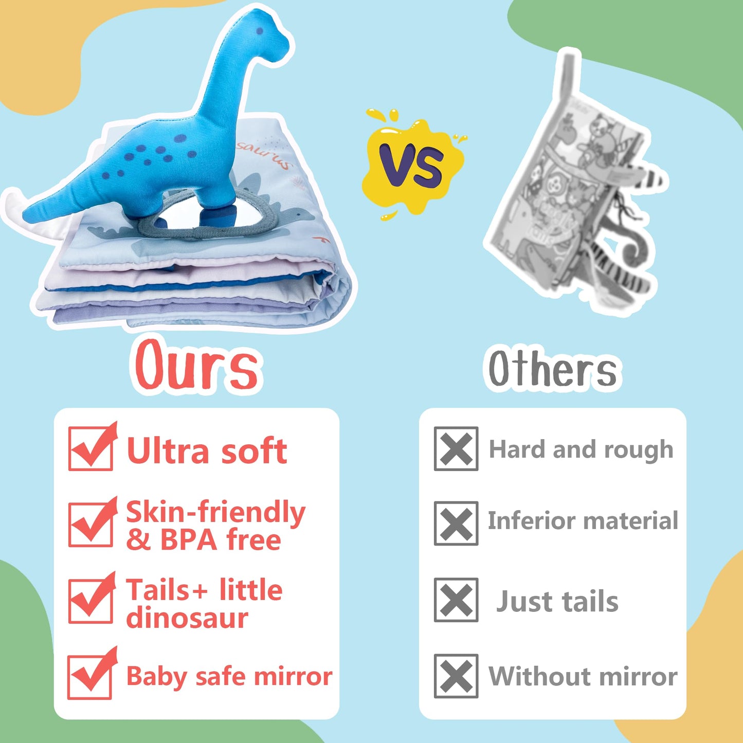 Richgv Baby Books Toys 0-6-12 Months, Baby Boy Gifts Touch and Feel Crinkle Books with Dino Doll, Newborn Infant Carseat Toys 6-9-12 Months Shower Gifts Easter Basket Stuffers
