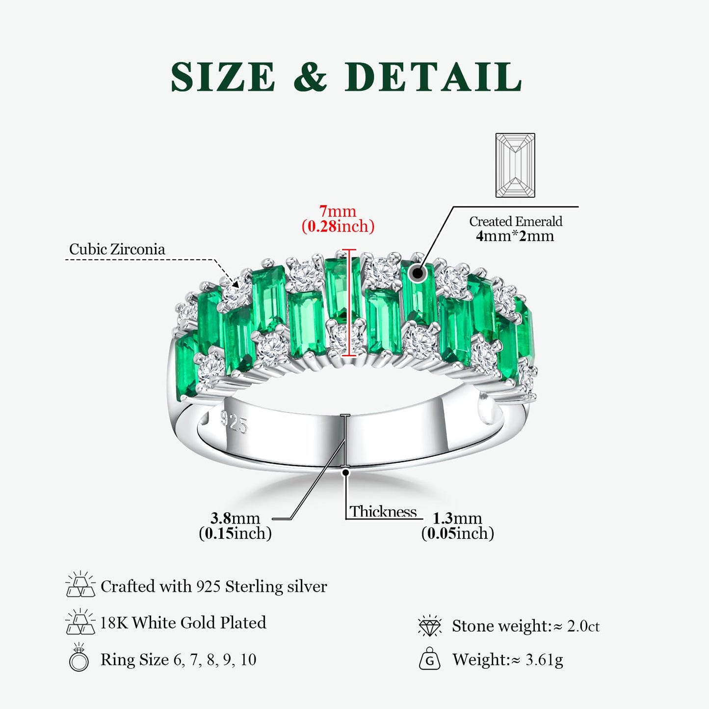 RANDES Emerald Baguette Band Rings for Women 7mm Wide Band Emerald Ring 925 Sterling Silver Green Ring Half Eternity Wedding Band Size 10