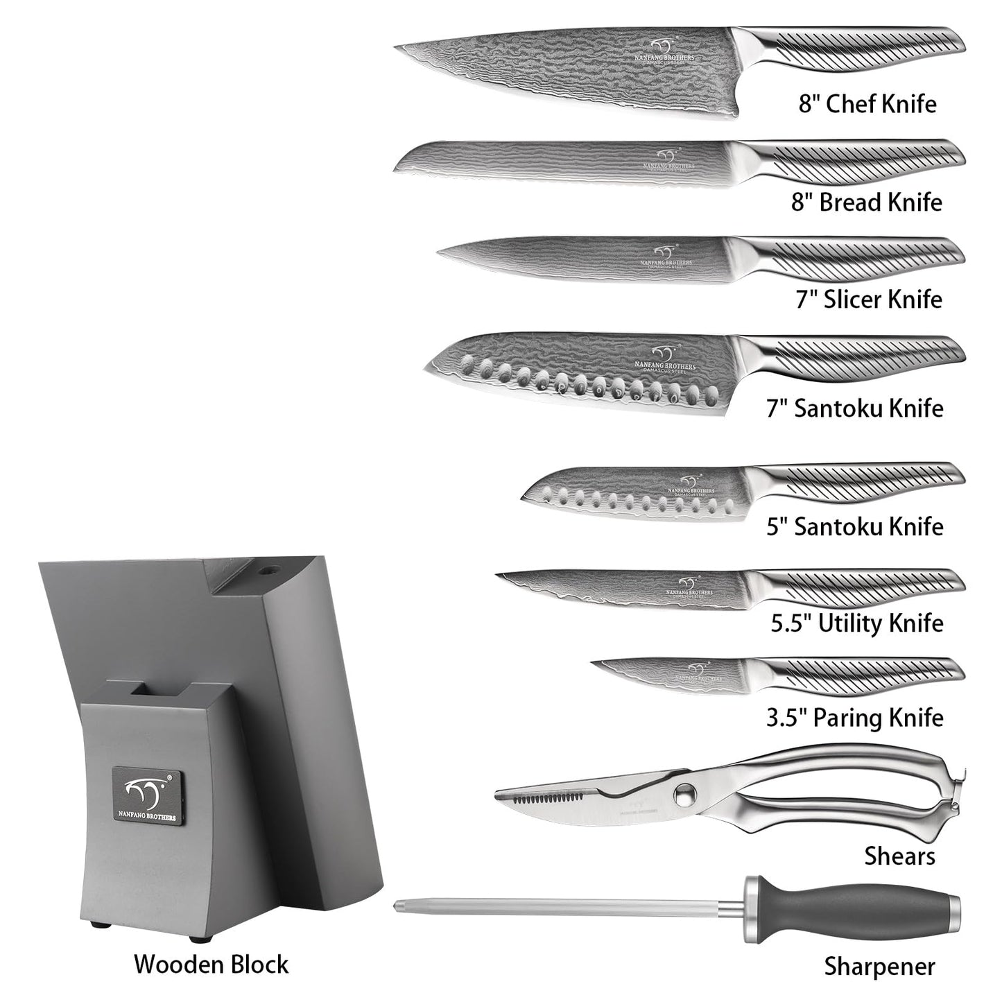 NANFANG BROTHERS® 10 Pieces Damascus Kitchen Knife Set, High Carbon Stainless Steel Damascus Steel Chef Knife Set, Stainless Steel Ergonomic Handle for Chef, with Built-in Sharpening Rod NF