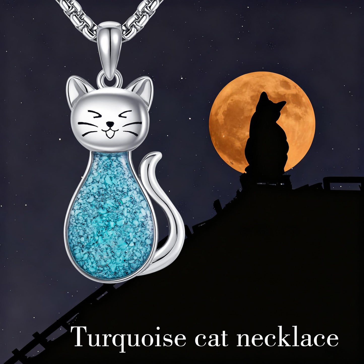 HKPATOP Turquoise Cat Necklace 925 Sterling Silver Turquoise Necklace Cute Cat Jewelry Gifts for Women Men