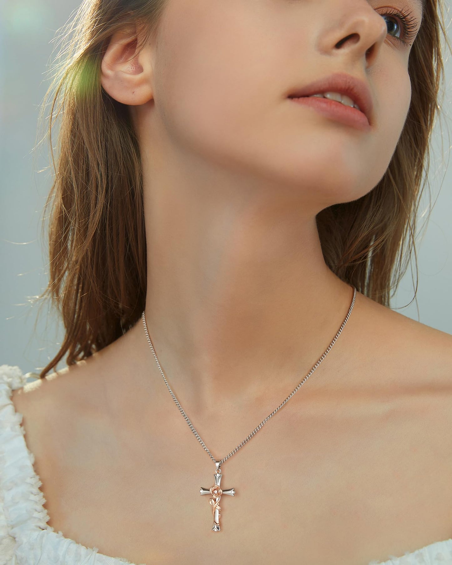 ACECHA Silver Cross Necklace for Women, Dainty Faith Cross Pendant Necklaces with Rose Jewelry for Mom Wife Daughter Sister | Gifts for Birthday Anniversary Christmas Easter(Rose-Love)