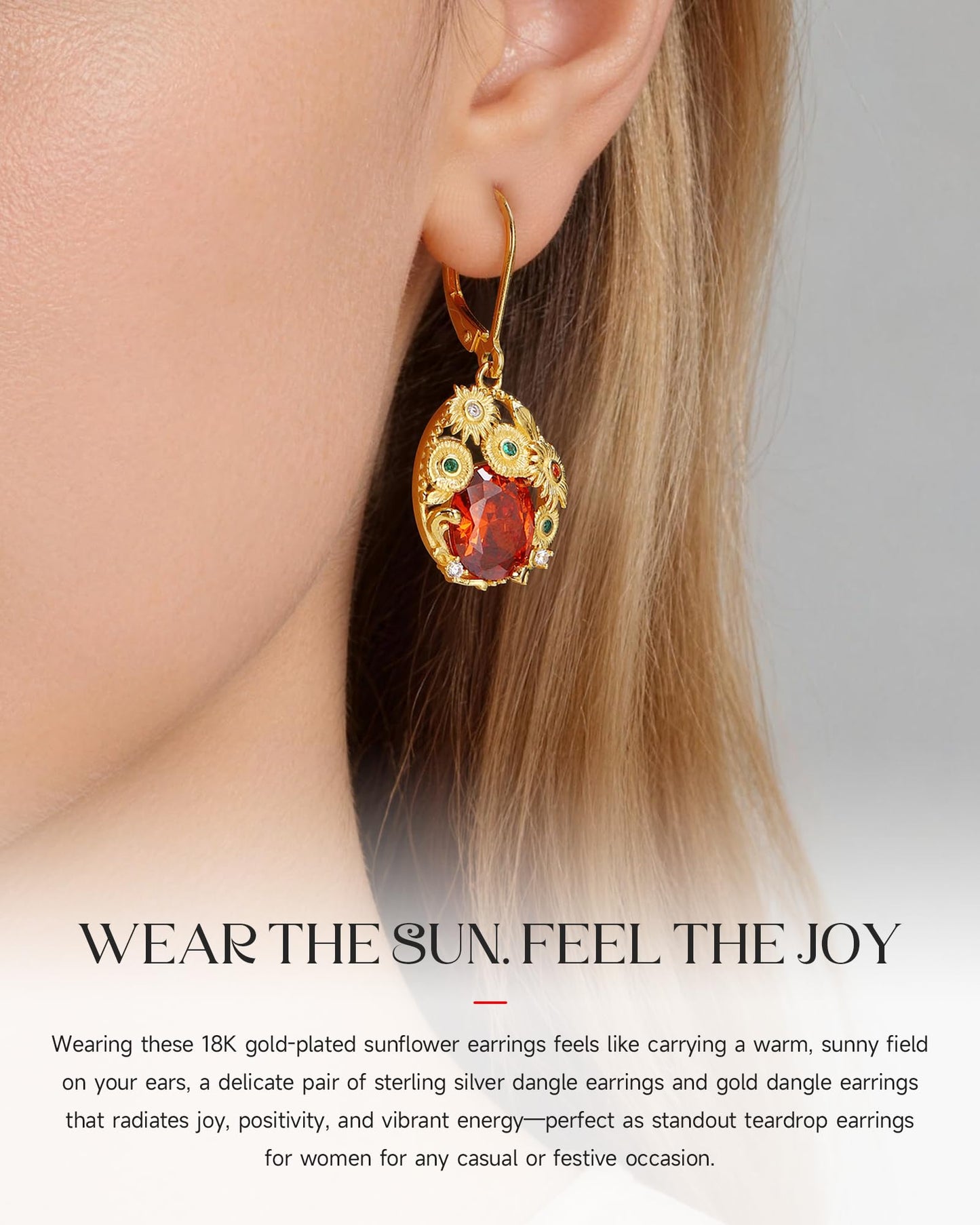 Sunflower Gifts for Women Earrings Jewelry - 18K Gold Plated Sterling Silver Dangle Earrings with Red Cubic Zirconia | Luxury Gifts for Women for Birthday, Christmas & Women's Day