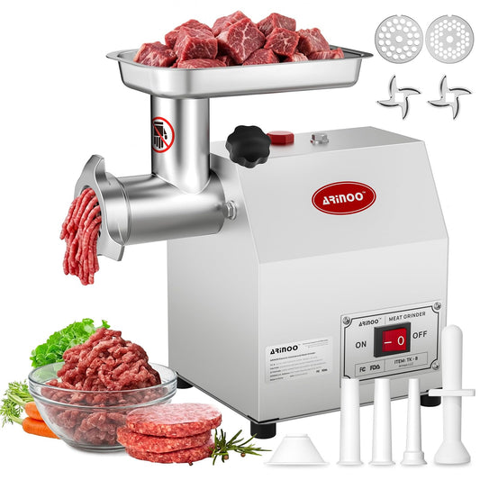 ARINOO Electric Meat Grinder #8, 0.5HP Heavy Duty Industrial Stainless Steel Meat Mincer, Sausage Stuffer with 2 Blades, 2 Plates & 3 Sausage Tubes, Meat Grinder Machine for Home Use Butchering