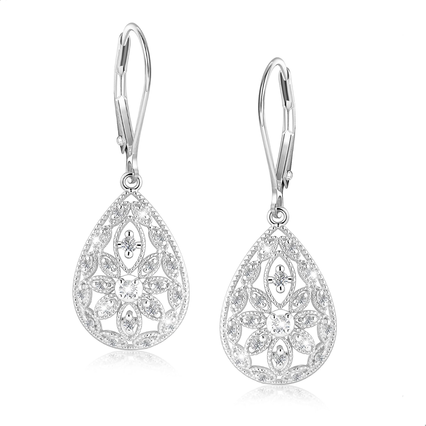 Sterling Silver Earrings Filigree Dangle Drop Leverback Earrings for Women Cubic Zirconia Drop Earring Hypoallergenic Leverback Teardrop Dangle Filigree Earrings Silver Jewelry for Gifts