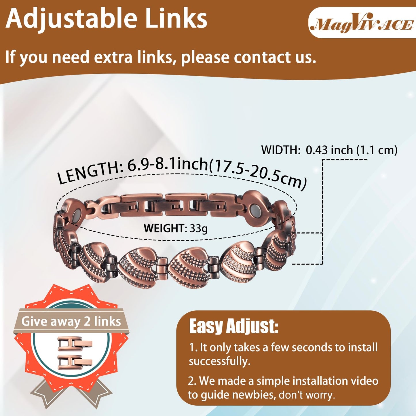 MagVIVACE Pure Copper Bracelet for Women, Magnetic Jewelry, Lymph Detox Bracelets with 3500 Gauss Magnet(Copper)