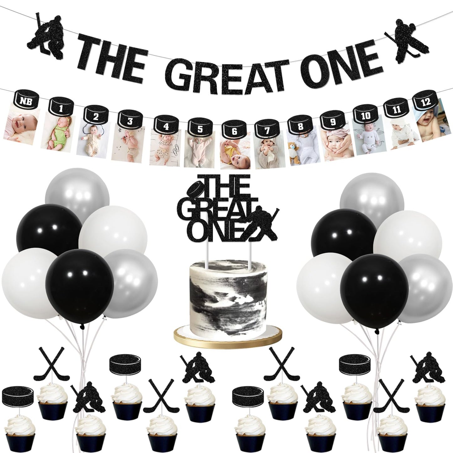 Hockey 1st Birthday Decorations Boys - 1st Birthday Baby Photo Banner for Newborn to 12 Months, The Great One Banner Cake Topper with Cupcake Toppers, Ice Hockey Theme Gameday Sport Party Supplies