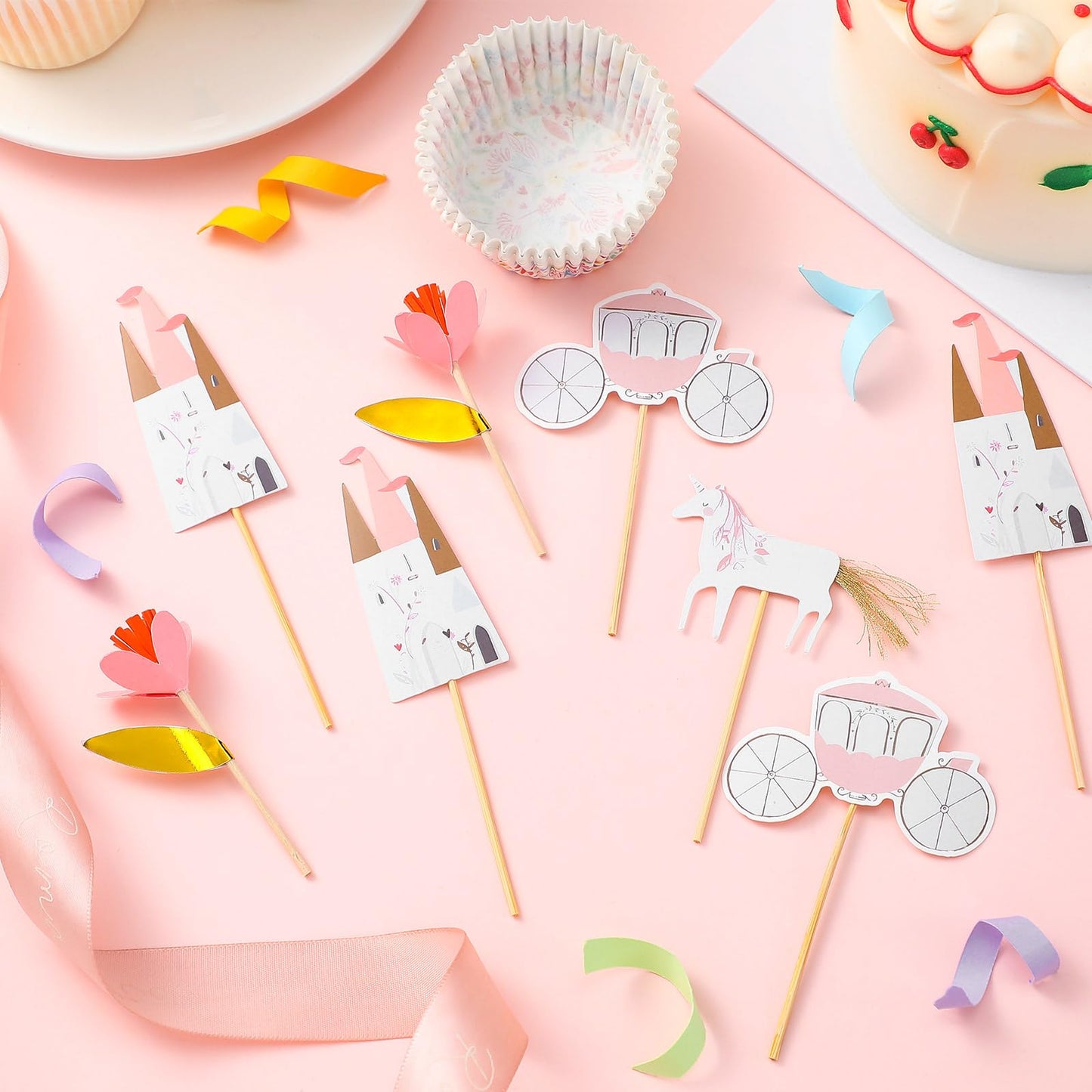 Humyoun 48 Pcs/24 Sets Unicorn Princess Cupcake Toppers Kit Includes 24 Cupcake Toppers and 24 Floral Cake Cup Unicorn Theme Party Supplies for Birthday Wedding Princess Theme Party Baby Showers