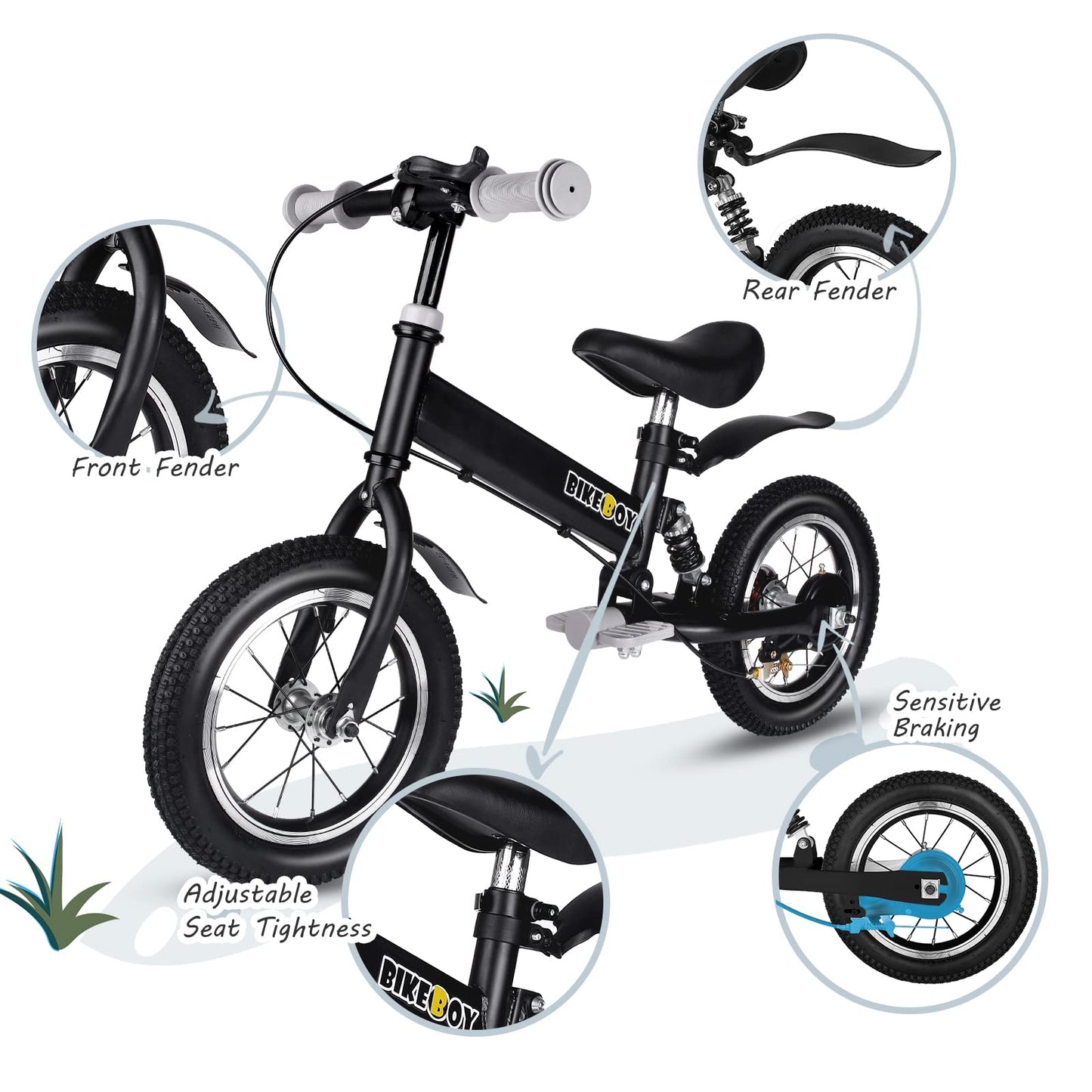 bikeboy Balance Bike 14 Inches, Dual Use Kids Bike for 2-6 Years Old, Shock Absorbers, Fenders, Pedals, Auxiliary Wheels, Black