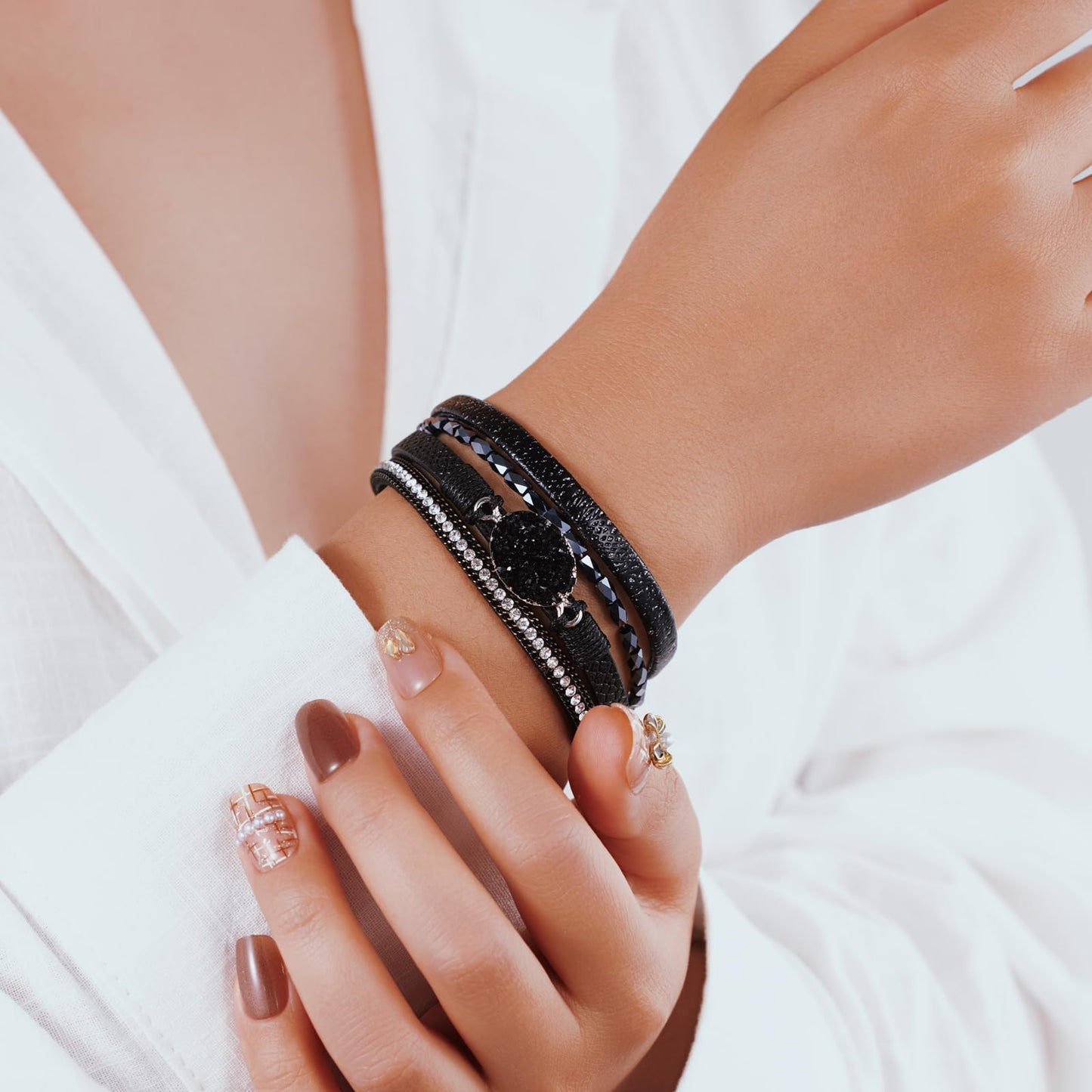 Becklynn Boho Leather Wrap Bracelets Beaded Crystal Stackable Cuff Bracelet with Magnetic Clasp Cowboy Cowgirl County Concert Outfits Western Jewelry Gifts for Women(Stone Black)