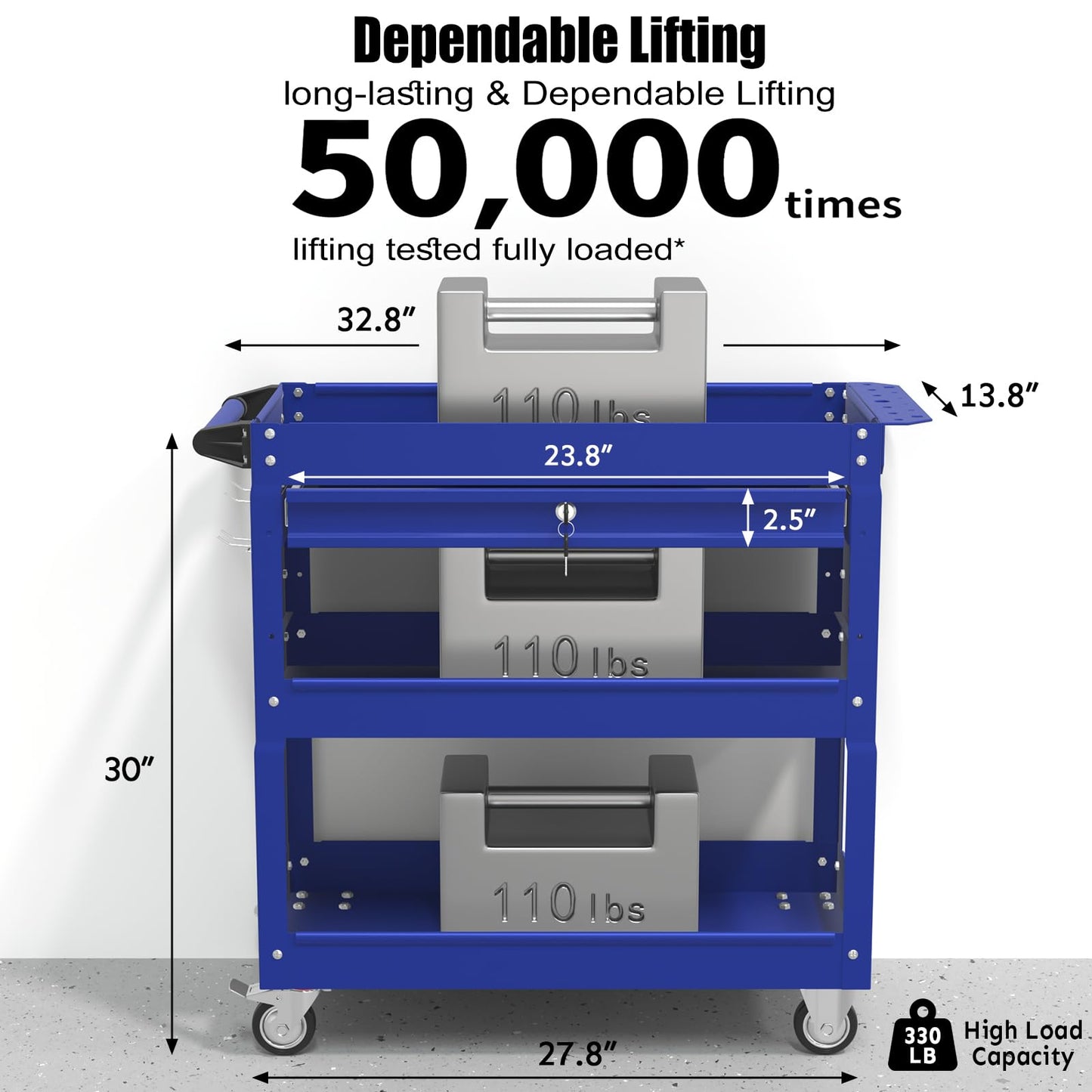 3-Tier Rolling Utility Cart, Metal Heavy Duty Utility Cart on Wheels with Lockable, 330 lb. Load Large Storage Capability Tool Cart for Garage, Warehouse, Repair Shop（Blue）