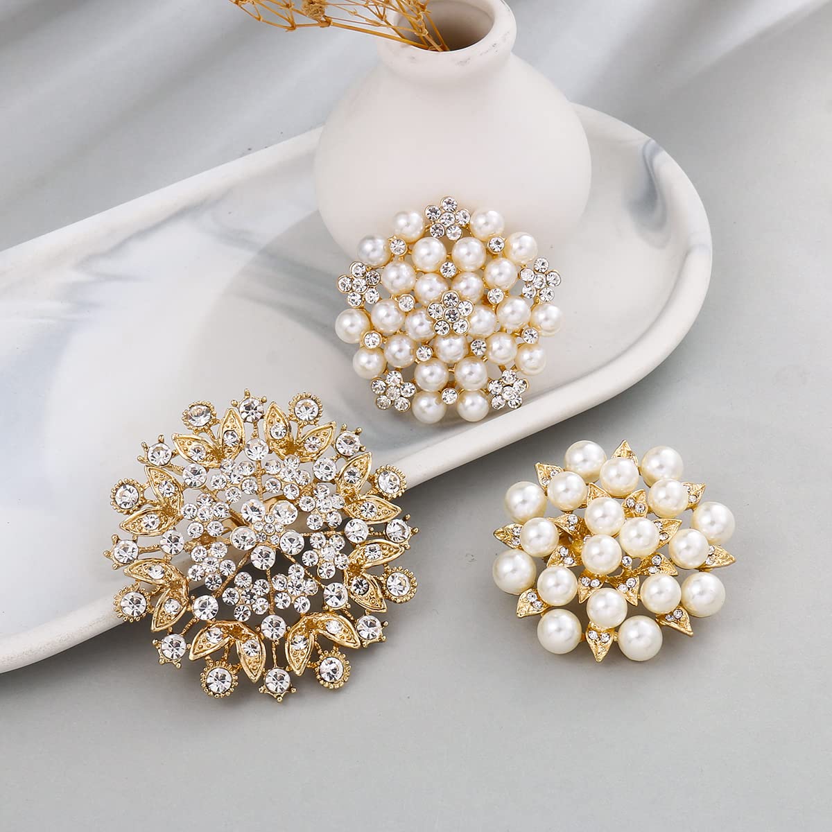 MEEDOZ Crystal Rhinestone Flower Brooch Pin Set for Women DIY Bridal Wedding Bouquet Kit (Gold-tone 6pcs)