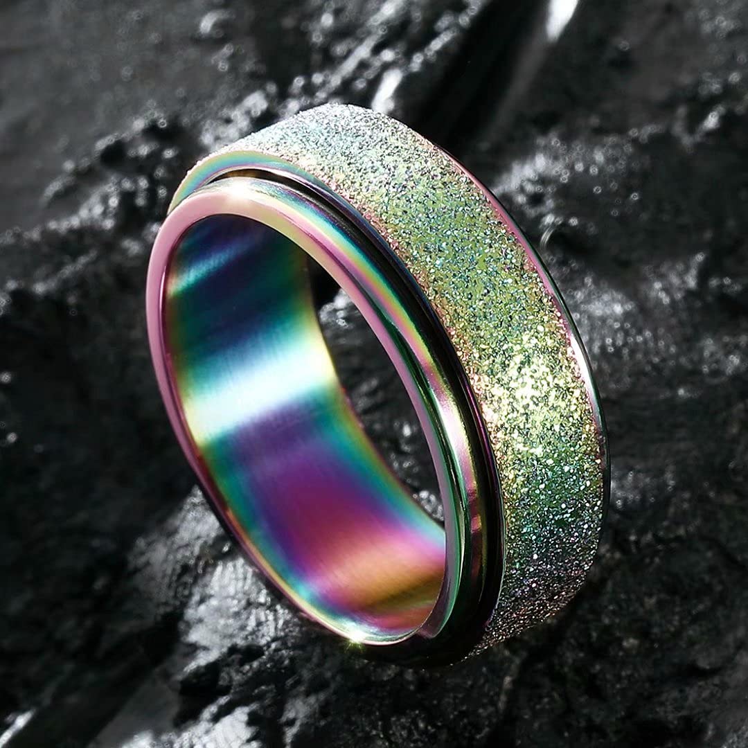 King Will Mens Fidget Ring Rainbow 8mm Stainless Steel Ring Spinner Ring For Men Women Stress Anxiety Relief Rotating Ring Finger Teens Toy Sand Blasted Comfort Fit For Unisex Adults 12.5