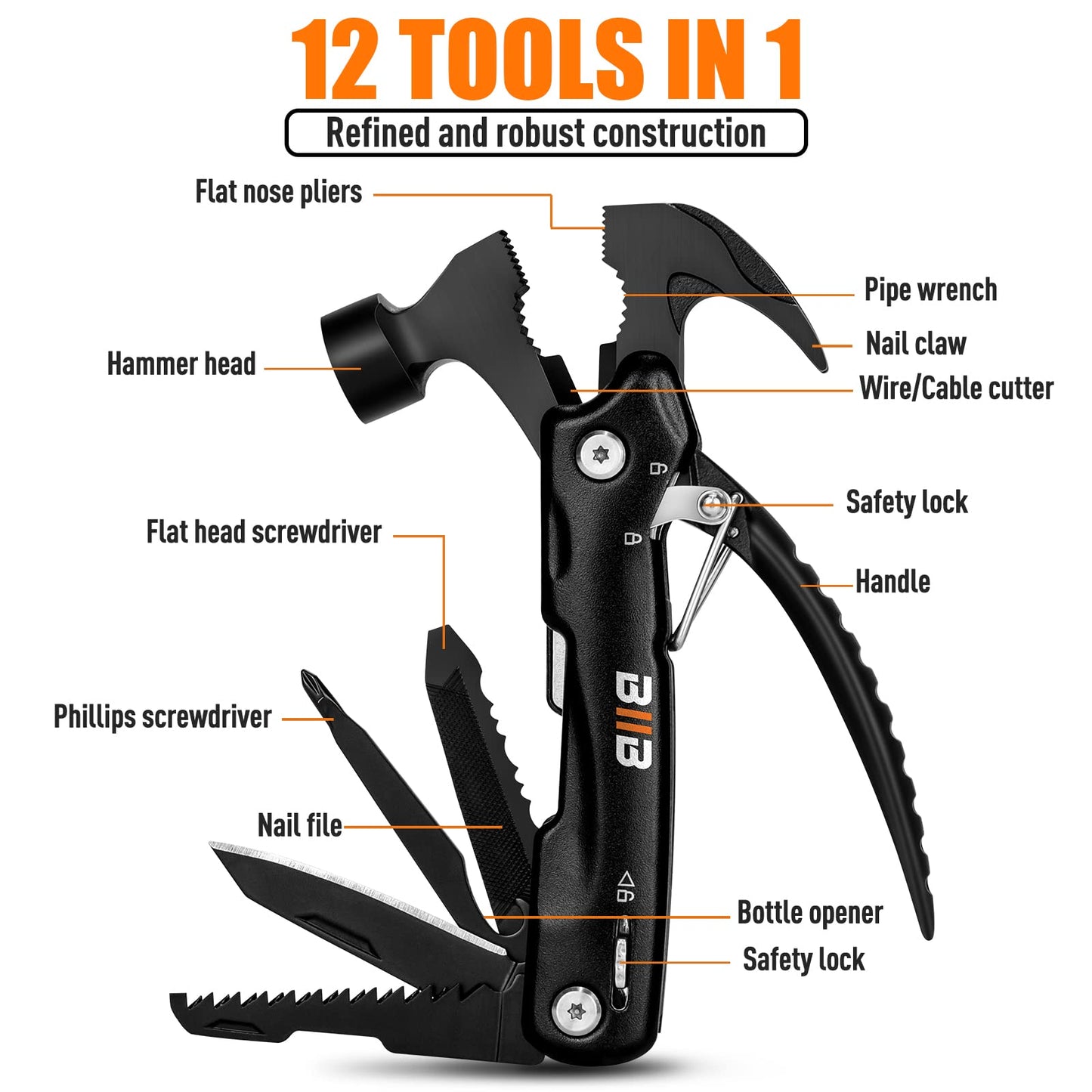 BIIB Gifts for Men, 12 in 1 Hammer Multitool, Fathers Day Mens Gifts for Husband Dad, Anniversary Birthday Gifts for Men, Fathers Day Dad Gifts from Daughter Son, Camping Essentials Survival Gear Tool