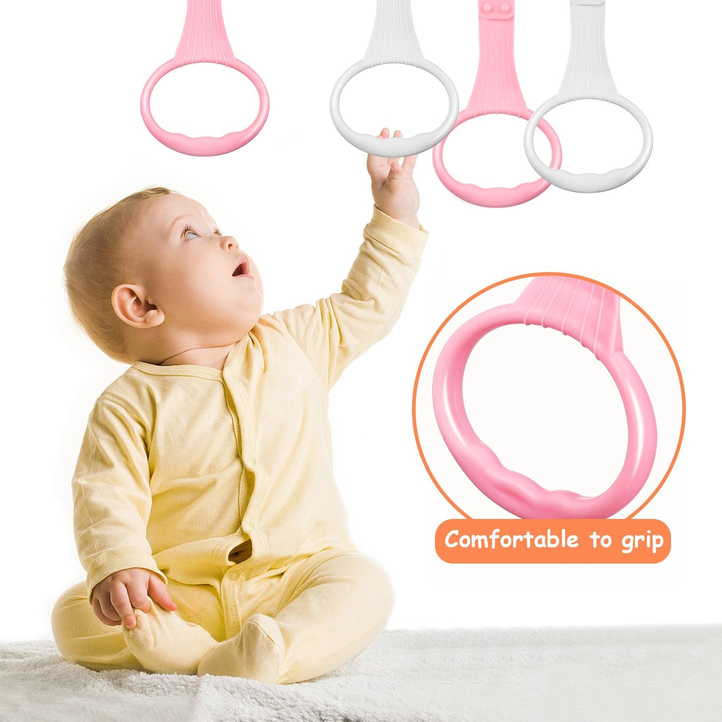 Beavorty Baby Pull up Rings 4 Pcs Plastic Hanging Rings for Playpen and Crib Toddler Walking Assistant and Standing Support Toy for Early Development