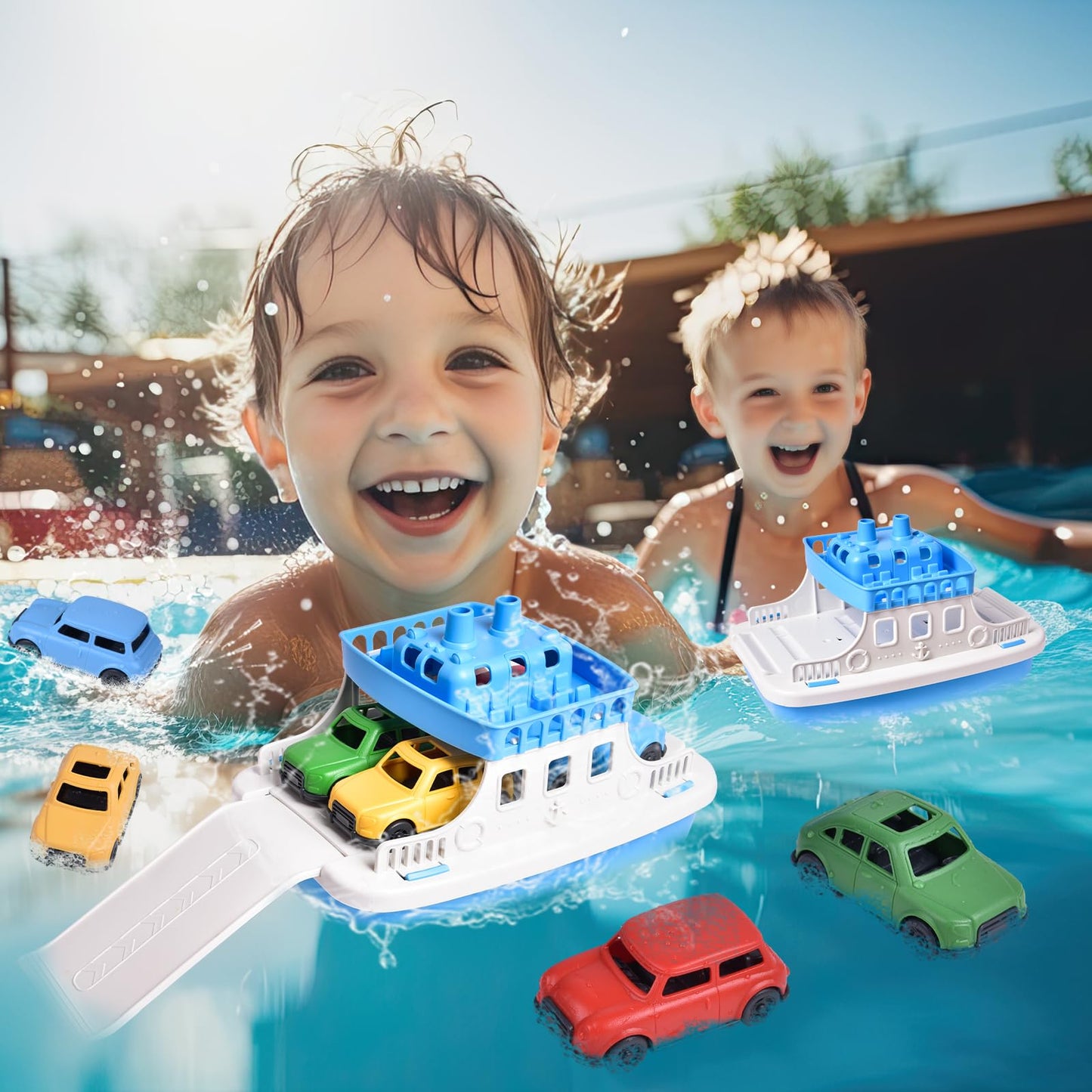 Toy Boat Bath Toys for Toddlers with 4 Mini Car Toys, Kids Water Toys Ferry Boat for Bathtub Bathroom Pool Beach Toys, Birthday Gifts