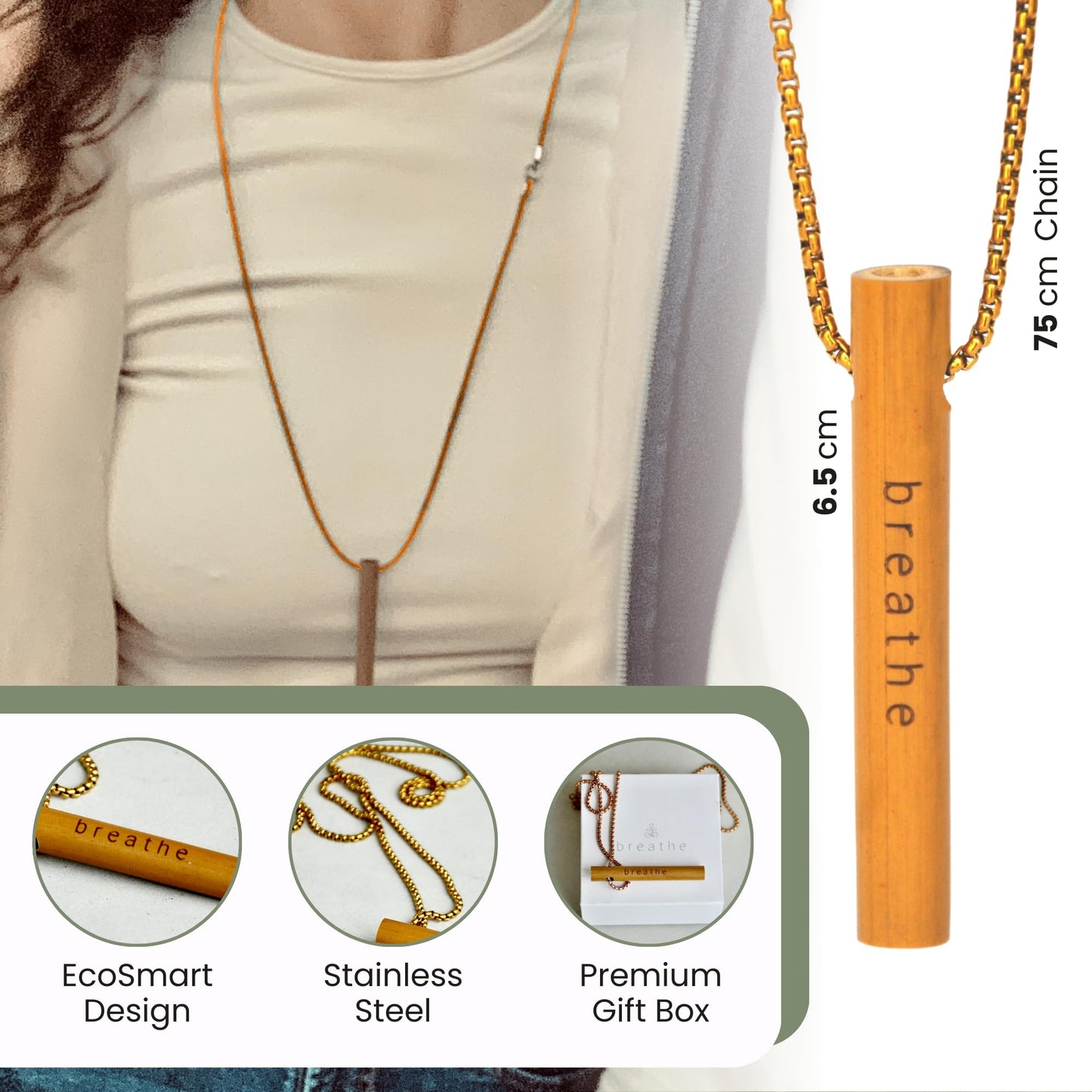 MyCalmAir Bamboo Breathing Necklace for Meditation, Mindfulness Tool, Stress Reducer, Eco-Friendly Breathe Pendant, Portable Relaxation Gift for Men & Women (Rose Gold)
