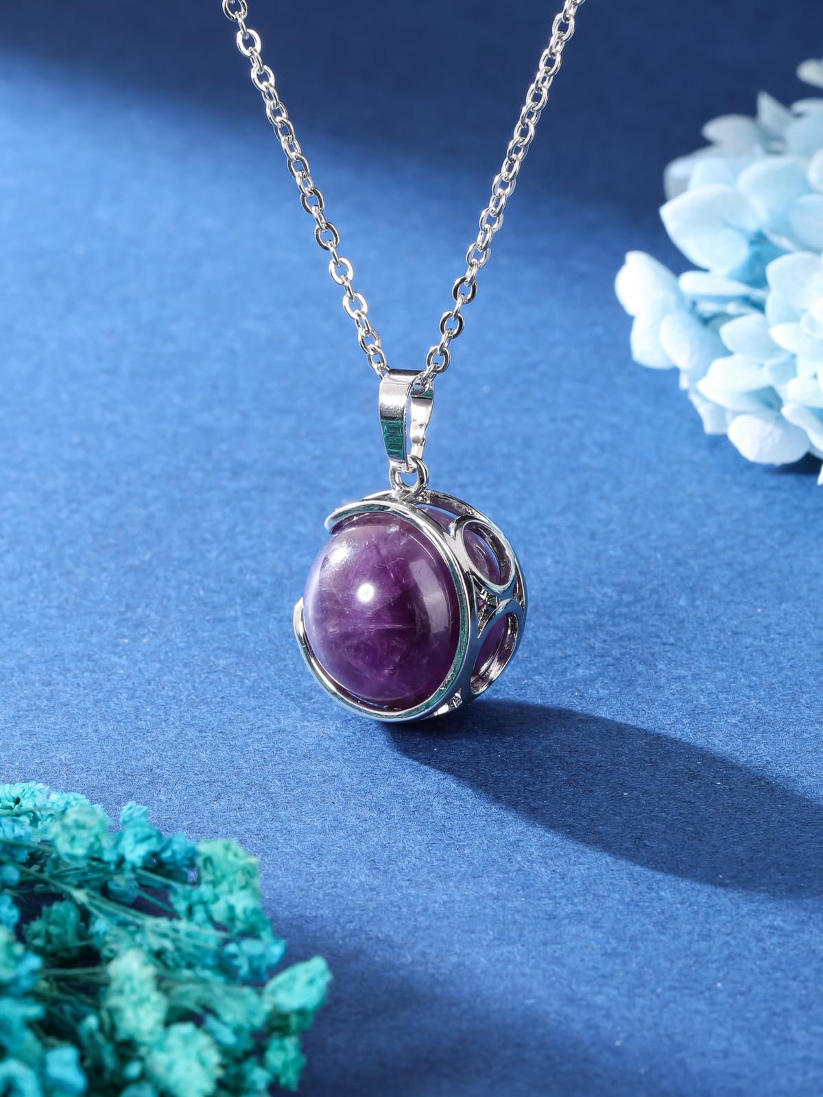 Top Plaza Amethyst Healing Crystal Stone Necklace Round Ball Rotating Natural Gemstone Pendant Necklace for Women Purple Energy Jewelry Christmas Gifts