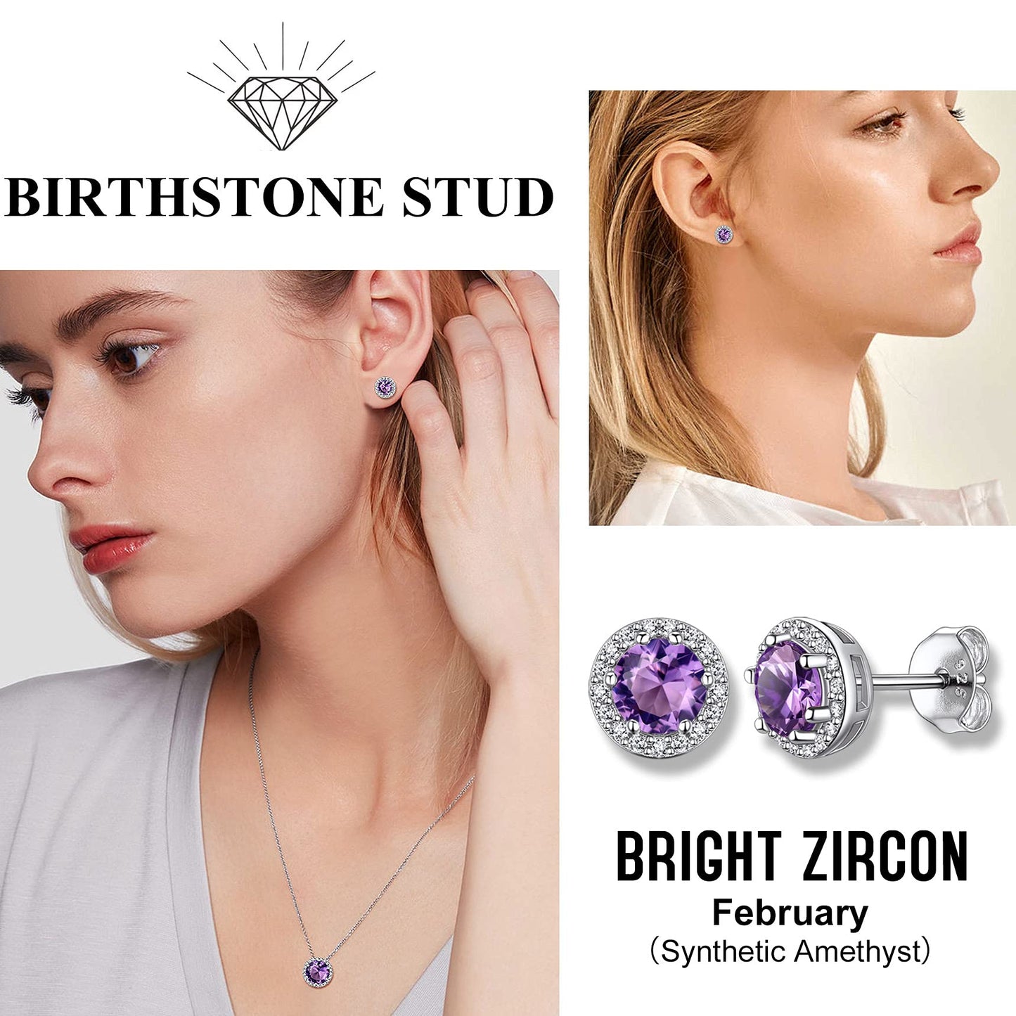 Bestyle 925 Sterling Silver CZ Created Round Diamond Studs | Classic Silver February Amethyst Birthstone Earrings for Women, Great Birthday Gift for Wife/Mom/Grandma