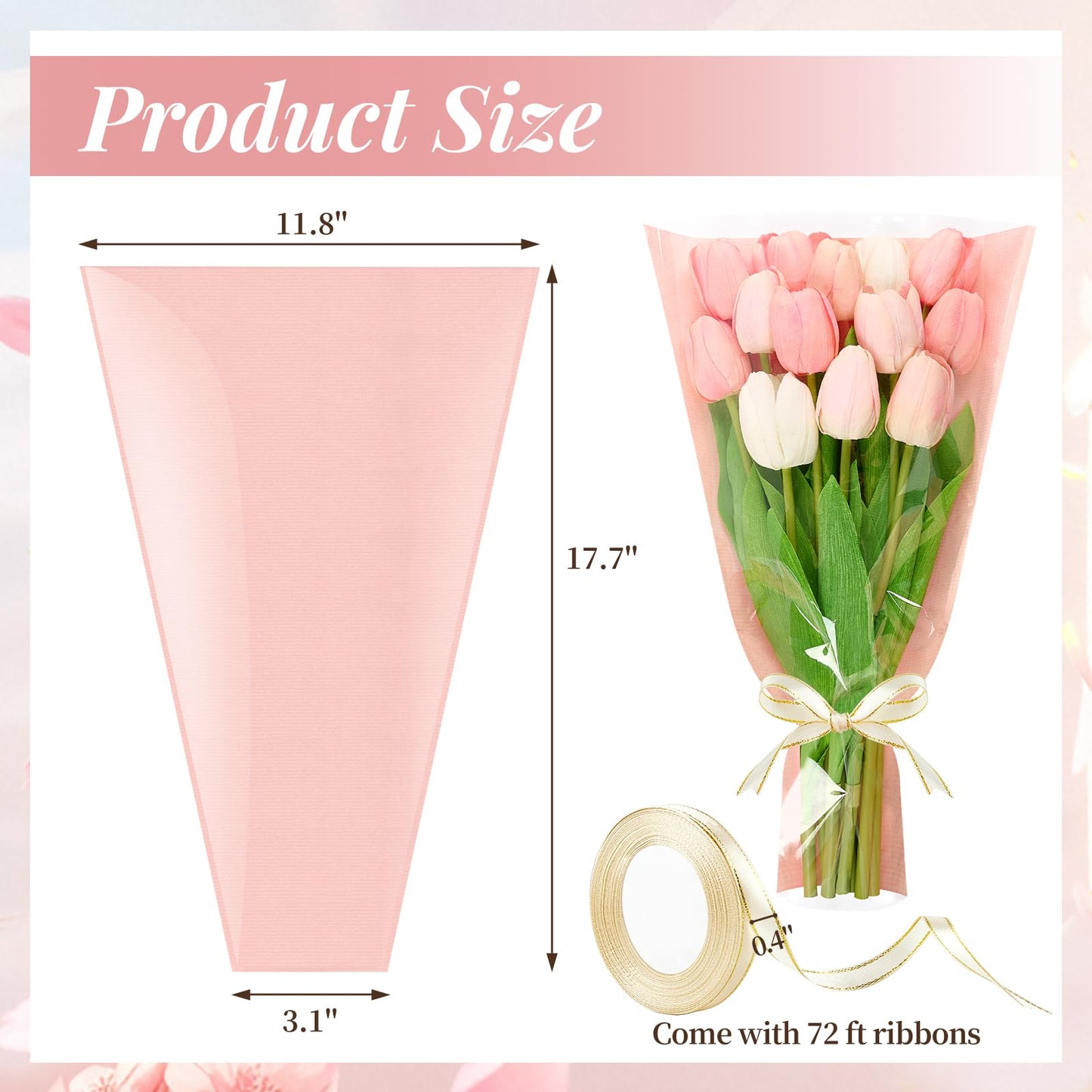 Mauproy 50 Pack Pink Flower Bags for Bouquets, Flower Wrapping Bags Kraft Floral Wrap Sleeves with Ribbons for Graduation Wedding Florist Supplies (18 x 12 Inches)