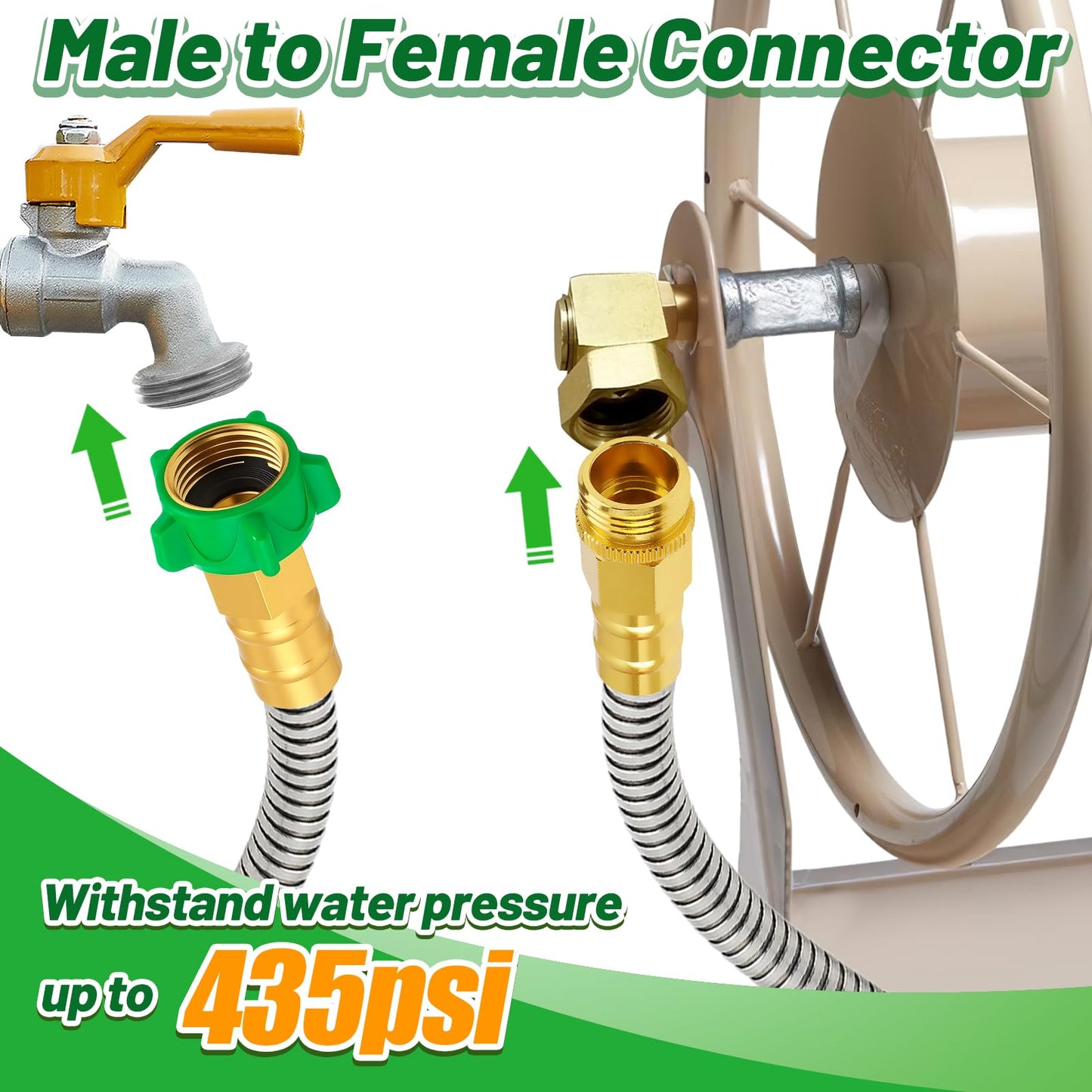 Short Garden Hose with Male to Female Connector - 3ft Metal Leakproof Leader Hose for Reel, Heavy Duty 304 Stainless Steel Flexible Water Pipe for Outdoor Garden Watering Car Pet Cleaning
