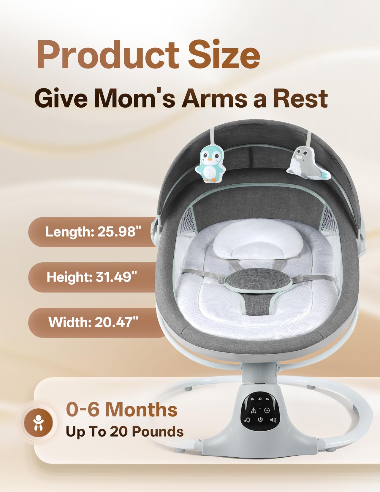 Electric Baby Swing for Infants to Toddler, Portable Swing Rocker with 5 Point Harness, 5 Sway Speed, Bluetooth,12 Preset Lullabies with Remote Control, Infant Swing for Baby Boys & Girls, Grey