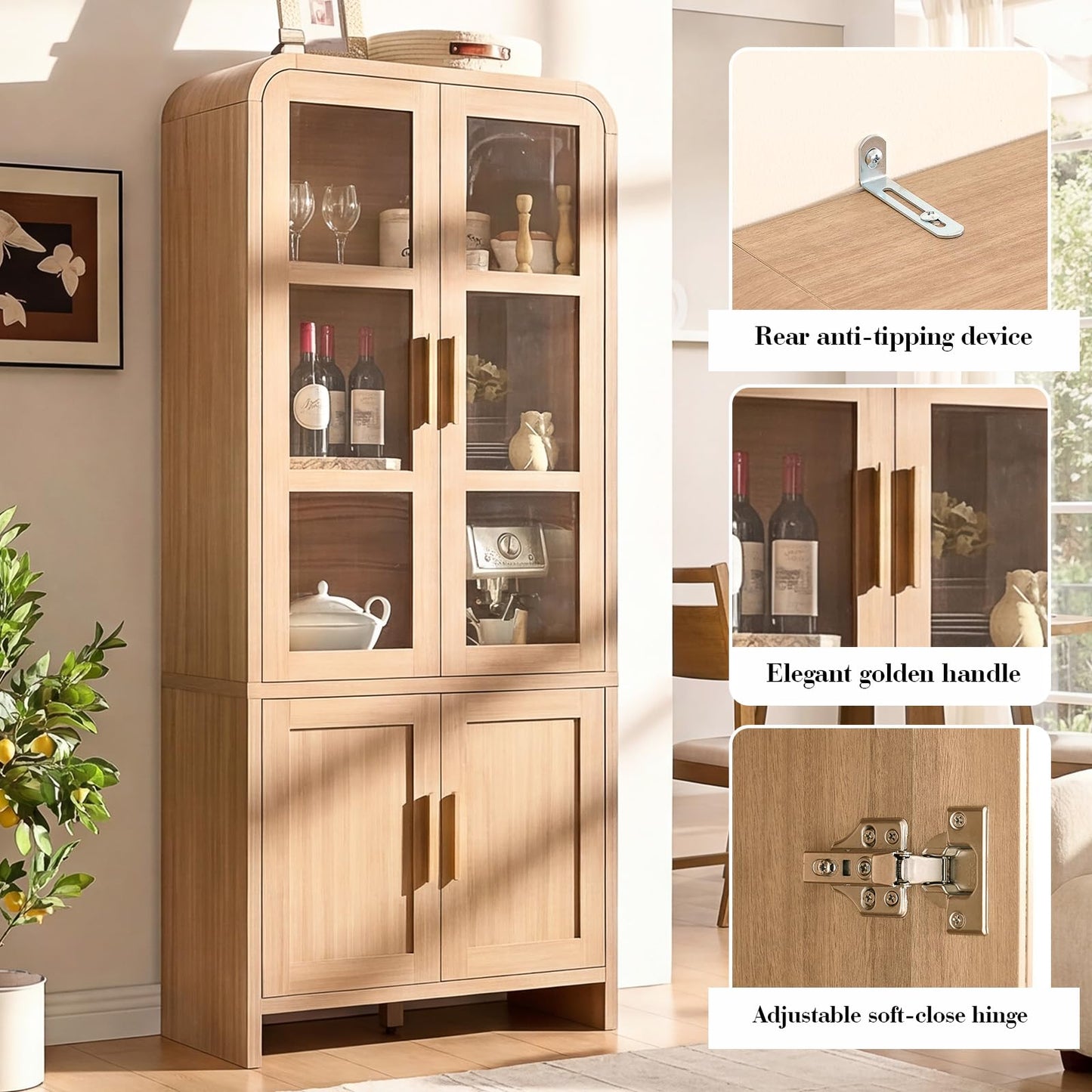 EliteSet 77" Tall Kitchen Pantry Cabinets, Wooden Curved Storage Cabinets with 2 Adjustable Shelves, 1.18'' Panel Freestanding Cupboard for Dining Room, Living Room, Bathroom, Oak, 1Pcs