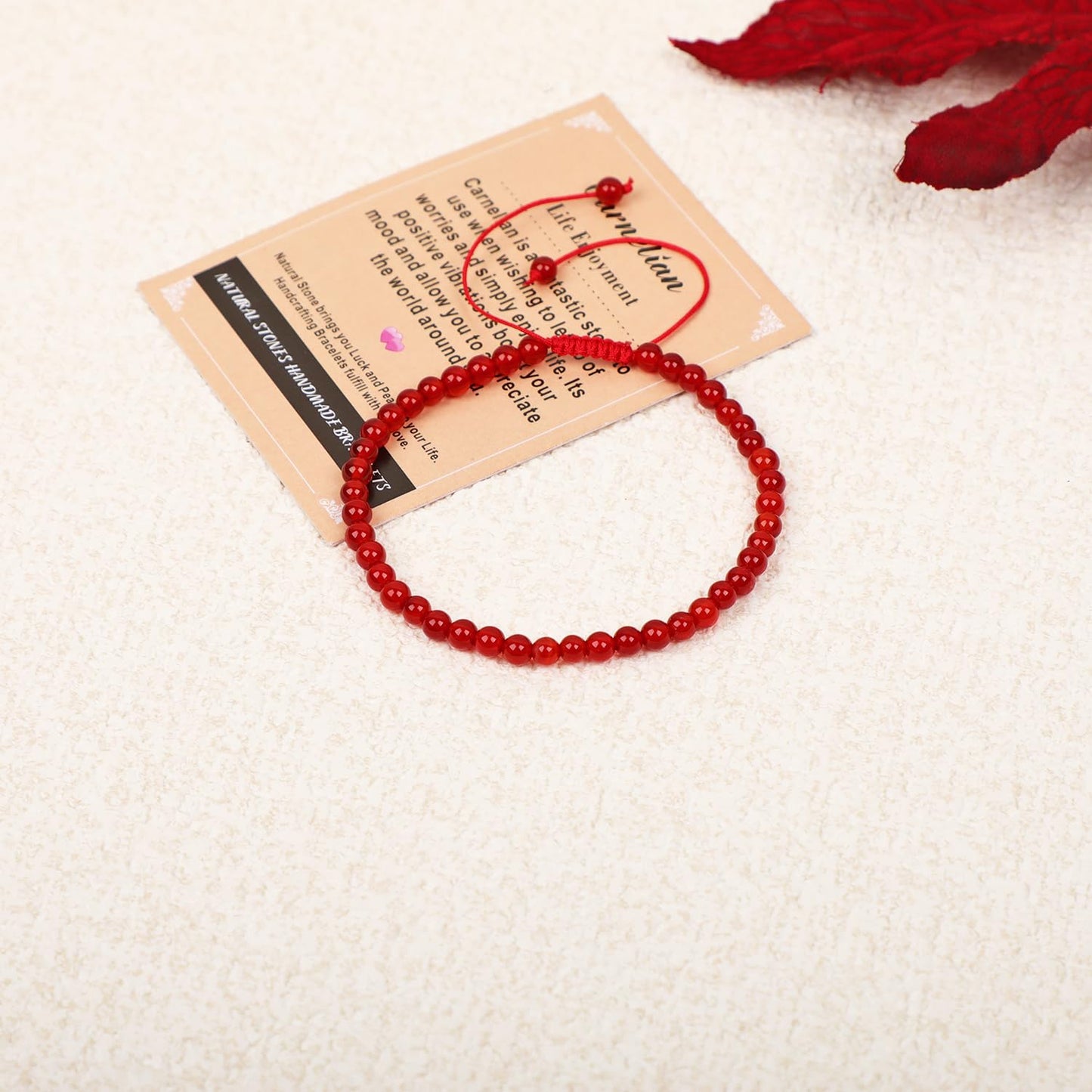 AD Beads 4mm Carnelian Bracelet - Stone of Life Enjoyment - Handmade Natural Stone Crystal Bracelet with Adjustable Macrame String - Yoga Healing Power Energy Gifts for Men and Women