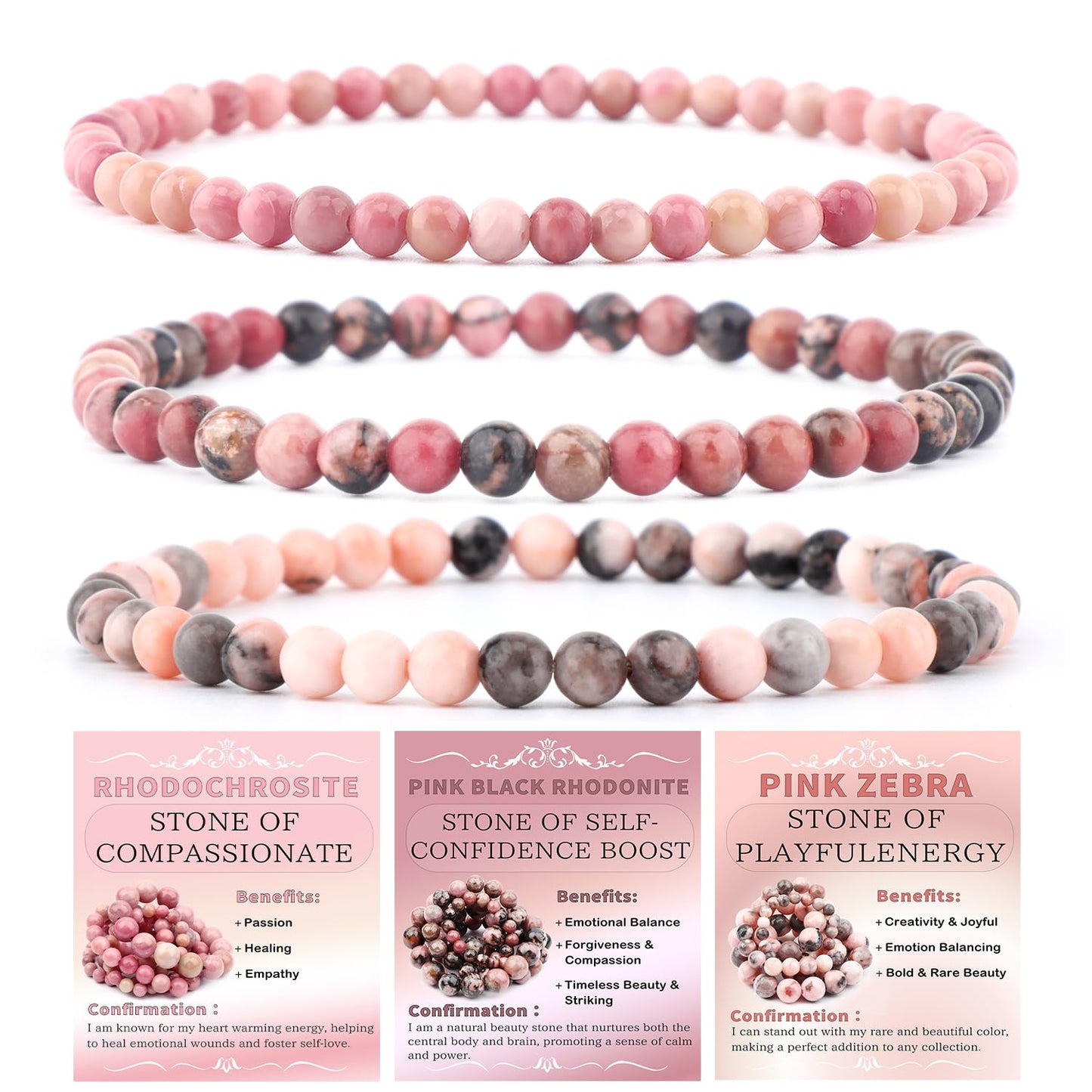 CMBYN 3-Pieces 4mm Natural Crystal Gemstone – ﻿Rhodochrosite, Pink Zebra, Pink Black Rhodonite Handmade Reiki Energy Healing Stretch Bracelets Jewelry for Yoga, Meditation, Unisex