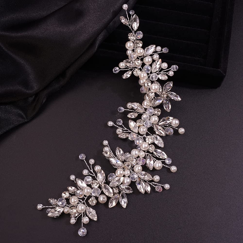 Teyglen Dainty Rhinestones Pearls Crystal Large Headband Vine Handmade Bridal Flower Headband Wedding Hair Accessories for Brides Hair Pieces Gold Silver Headpieces for Women Girl (Silver)