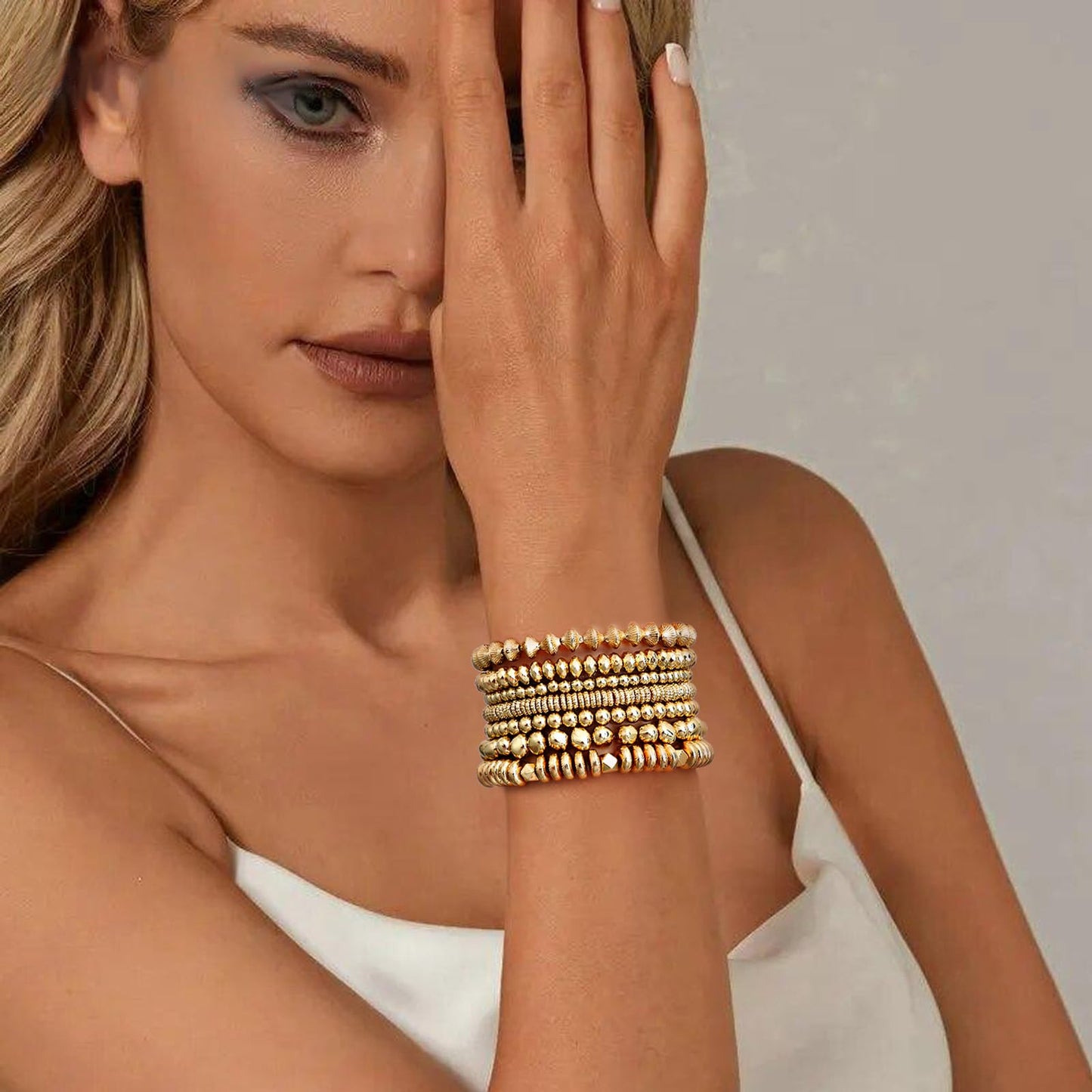 Sajidos Gold Plated Beaded Bracelets for Women Trendy, 14K Gold Plated Stack Cross Pearl Gold Plated Bead Stretch Bracelets Set Elastic Hypoallergenic Bracelets Jewelry Gifts