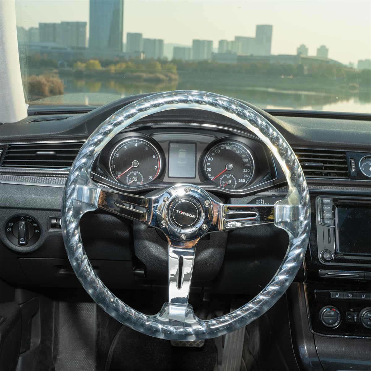 TIYPEOR Hitman Style 14 Inch Car Steering Wheel universal 350mm Clear Metal Twisting Steering Wheel with Accessories