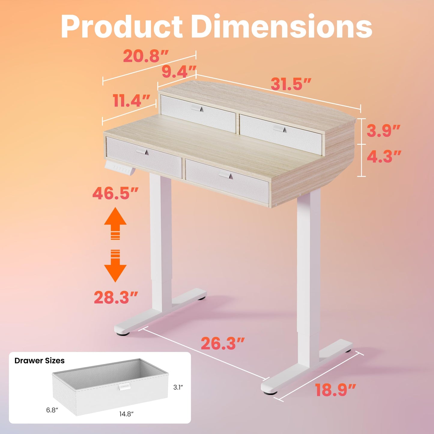 HUANUO 32 x 20 inch Electric Standing Desk with 4 Drawers, Adjustable Height Sit Stand Home Office Desk C-Clamp Mount Compatible, Ergonomic Stand up Desk with 4 Preset Heights, Natural