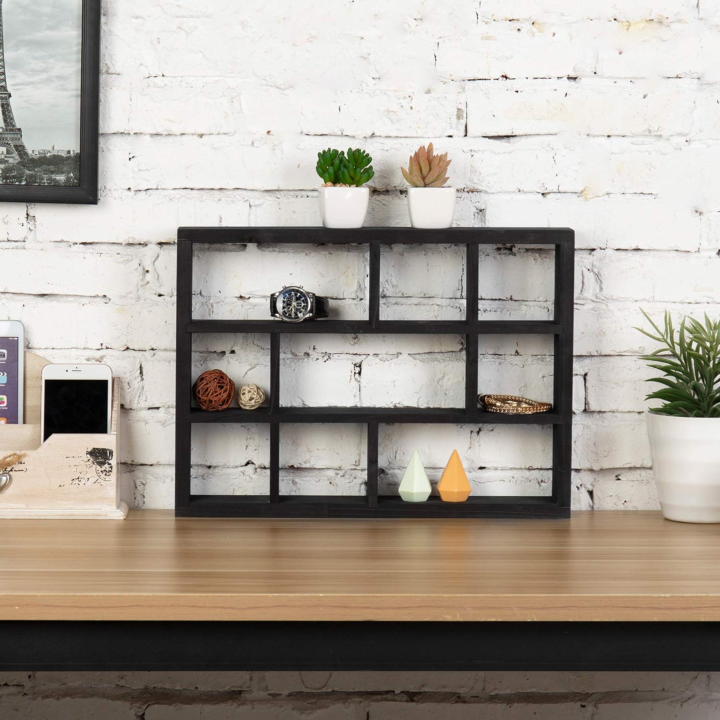 MyGift 9 Compartment Vintage Solid Wood Shadow Box, Wall Mountable Curio Display Case, Freestanding or Floating Shelf for Collectible Figurines, Succulents (Matte Black)