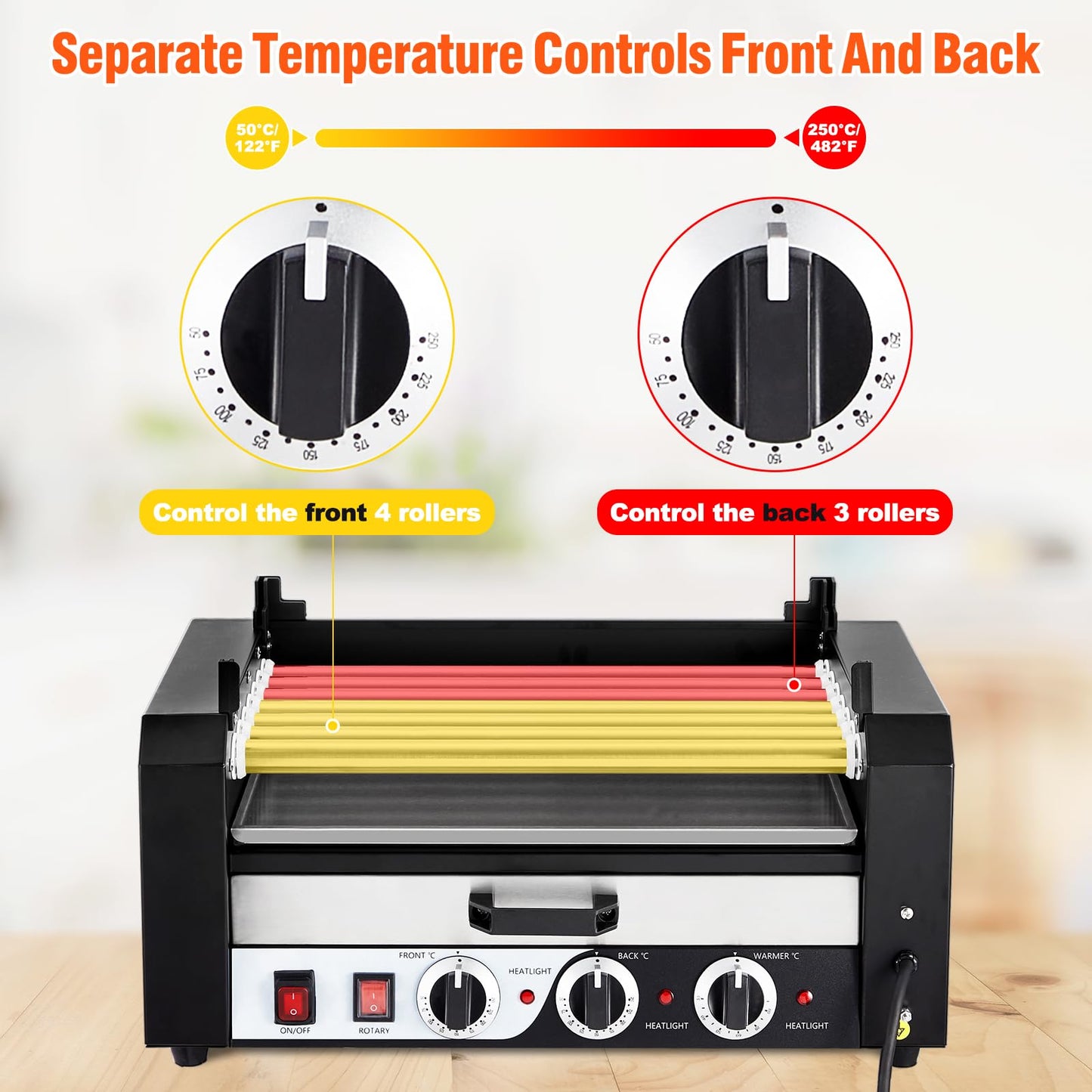 ACONEE Hot Dog Roller, 7 Rollers 18 Hot Dogs Capacity 1350W Stainless Sausage Grill Cooker Machine with Removable Oil Drip Tray Dual Temp Control and Glass Hood Cover, Perfect for Commercial and Party